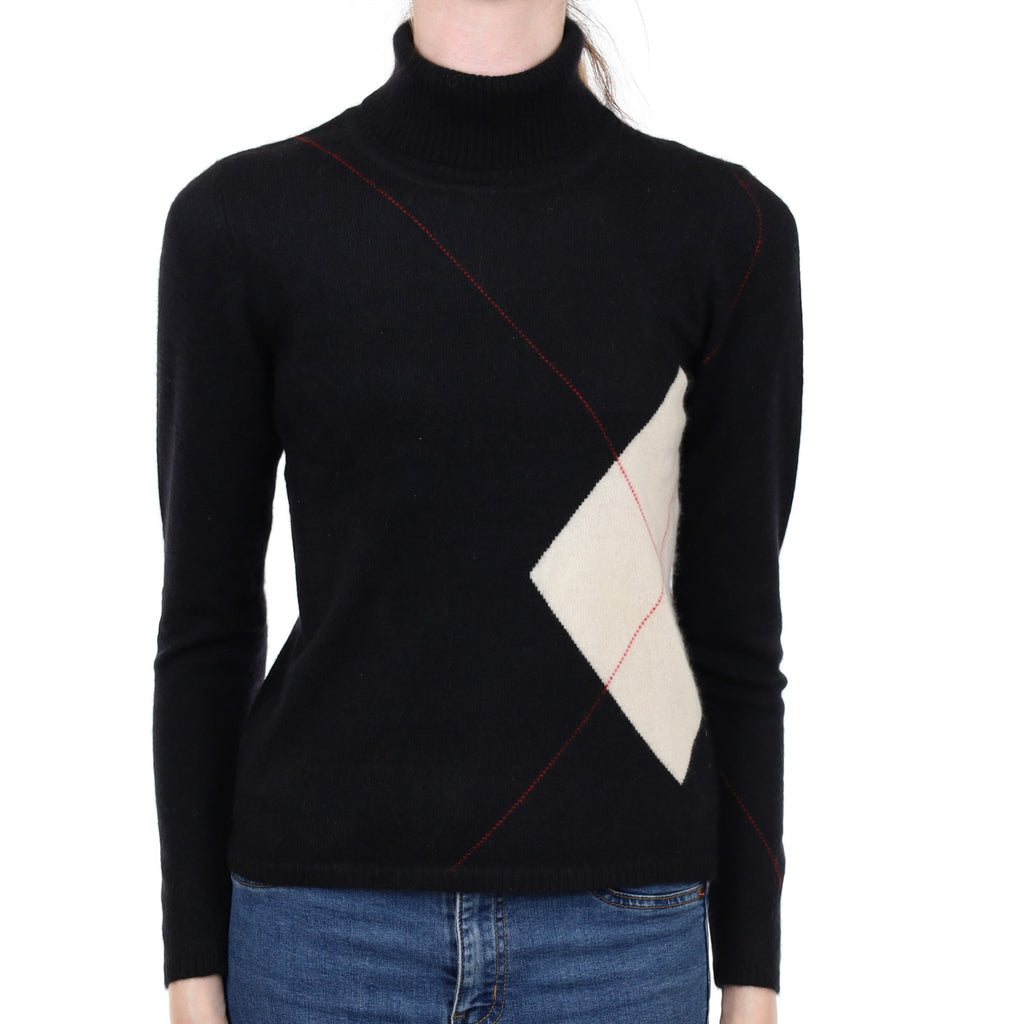 Black Patterned Cashmere Polo Neck Jumper Extra Small