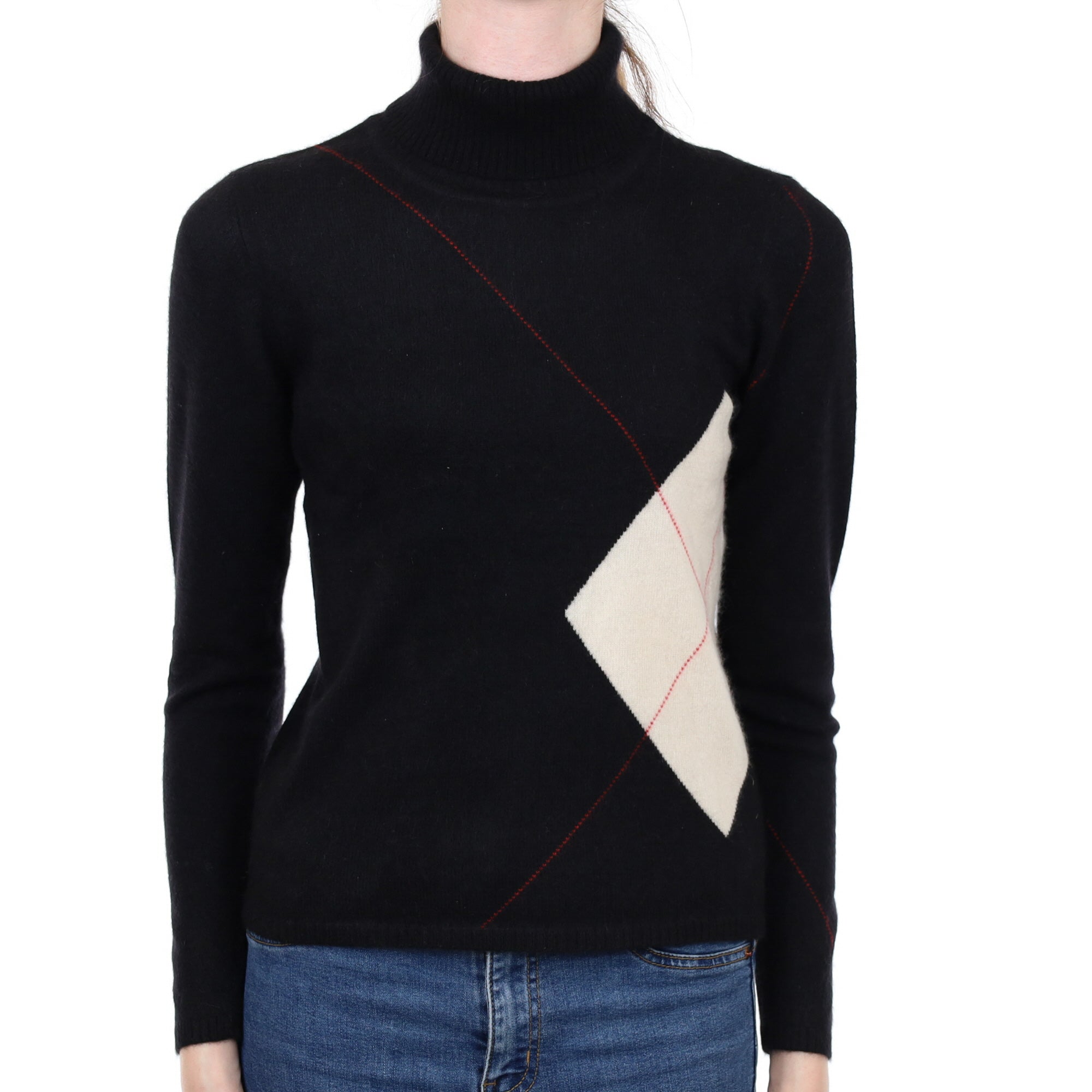 Black Patterned Cashmere Polo Neck Jumper Extra Small