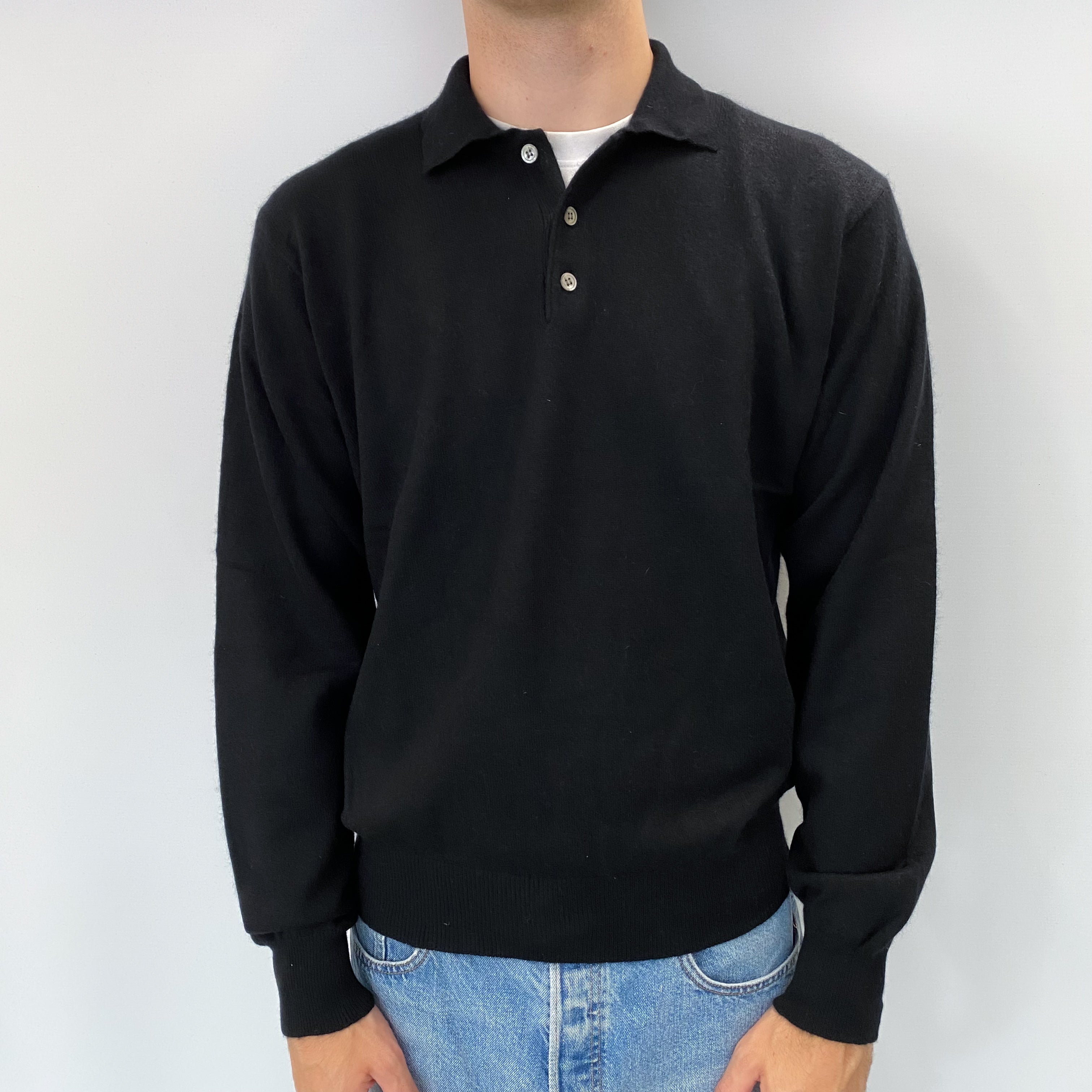 Men's Black Cashmere 1/4 Button Jumper Large