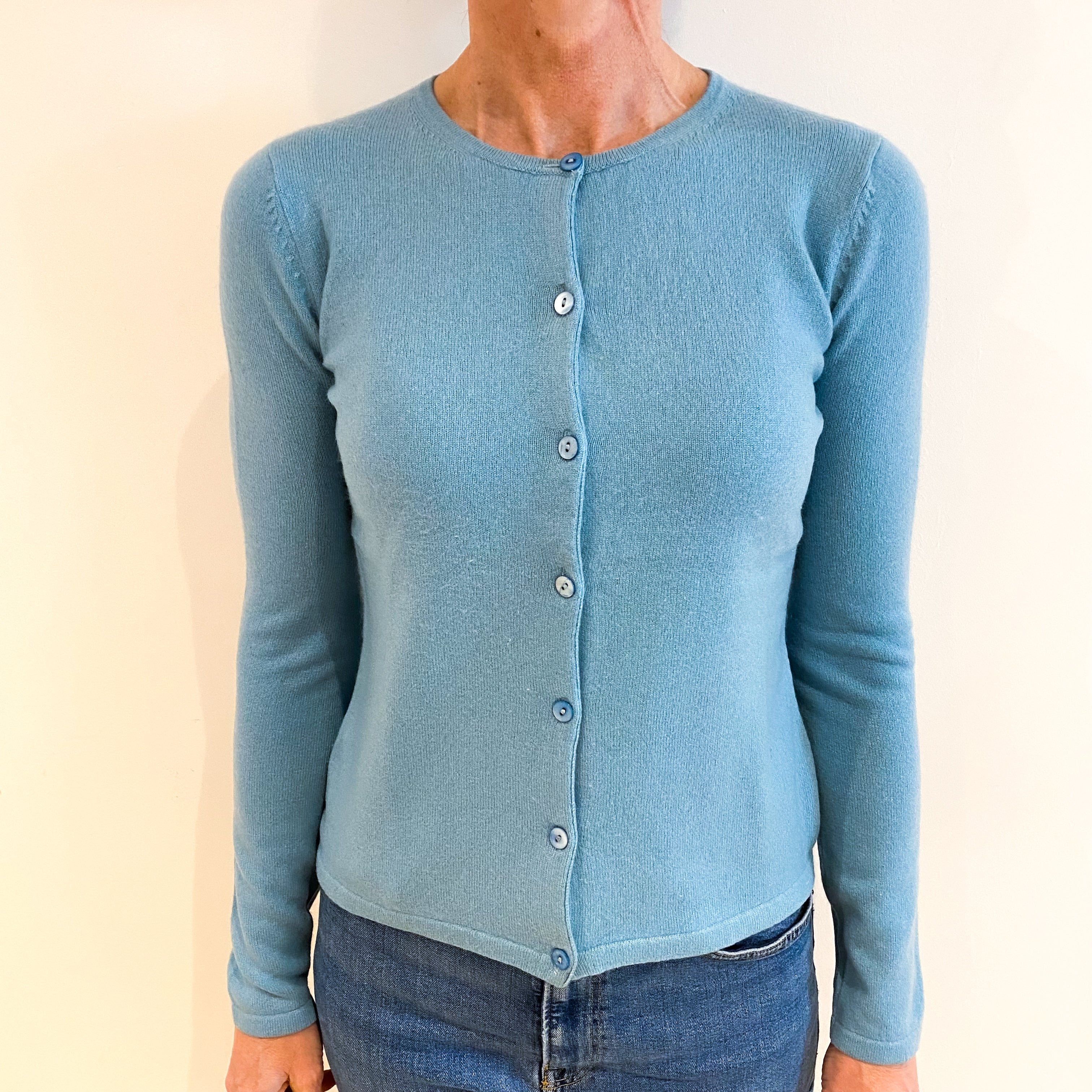 Aqua Blue Cashmere Crew Neck Cardigan Small