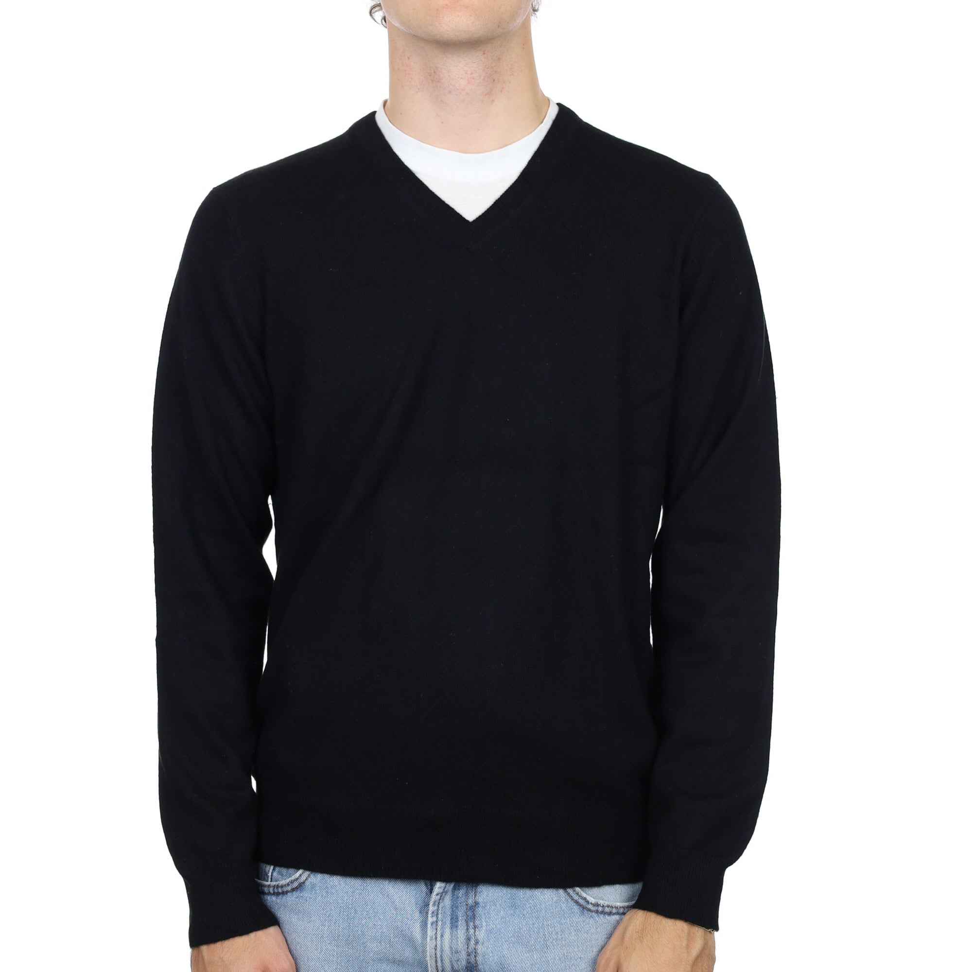 Men's Black Cashmere V Neck Jumper Medium