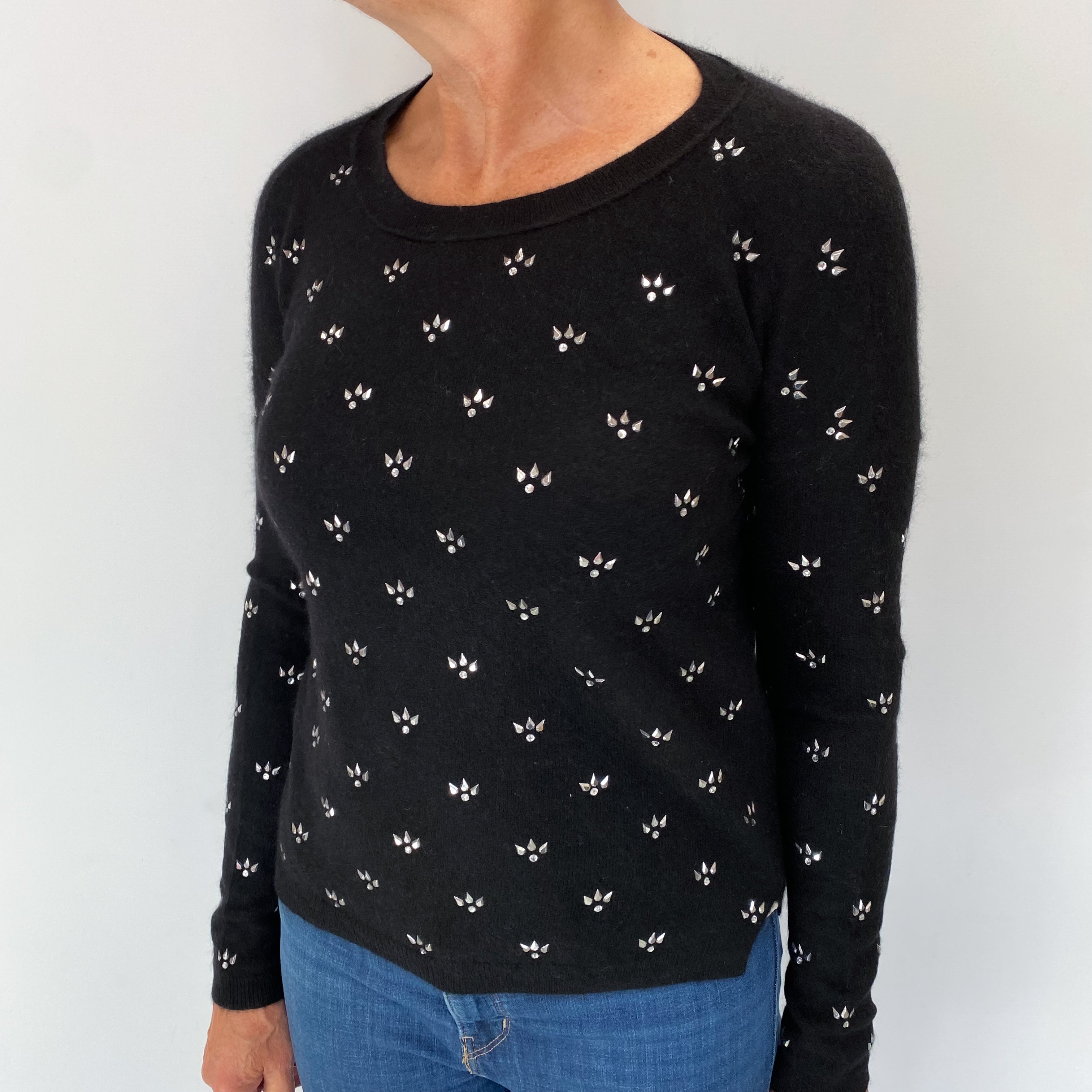 Black Diamanté Cashmere Crew Neck Jumper Medium