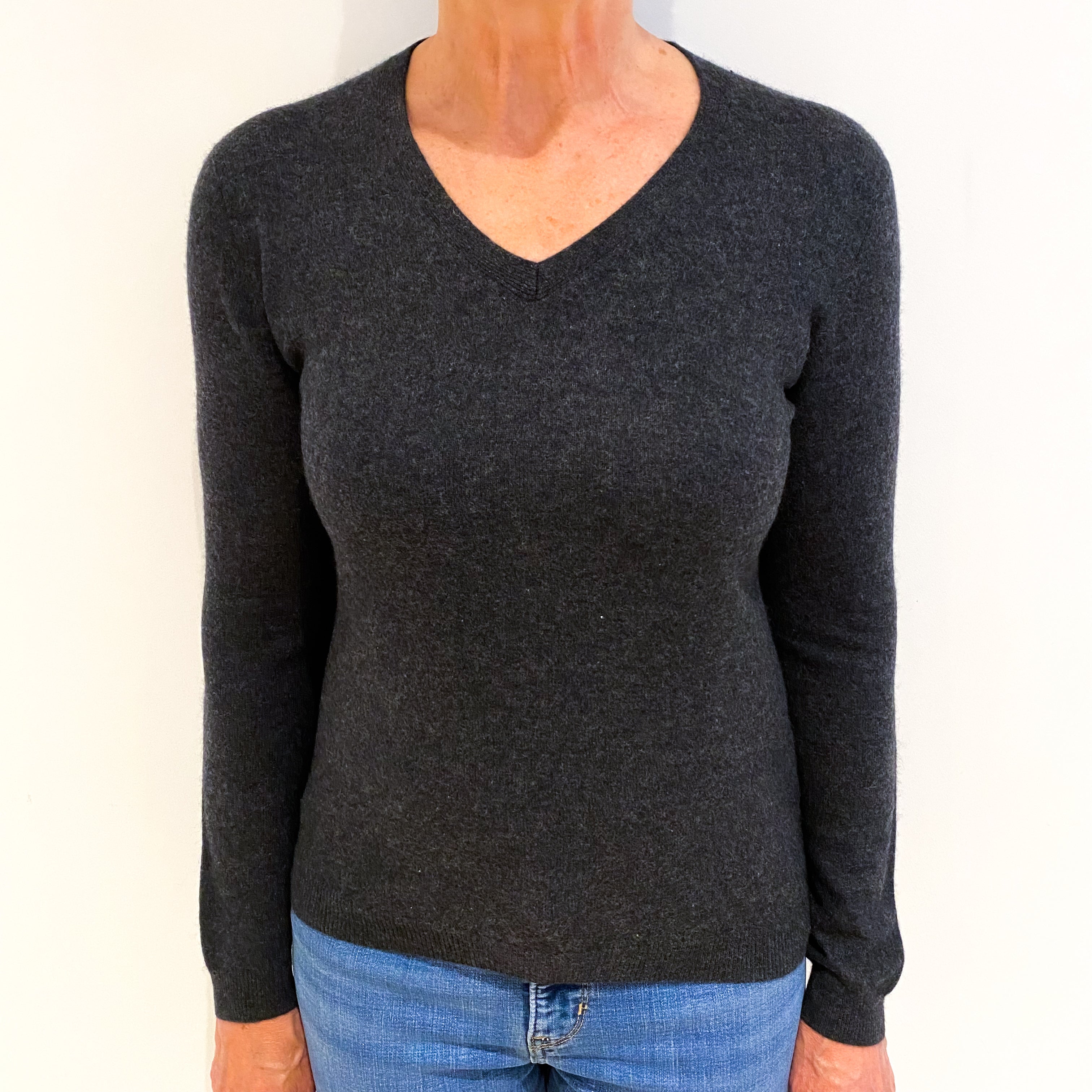 Charcoal Grey Cashmere V Neck Jumper Medium