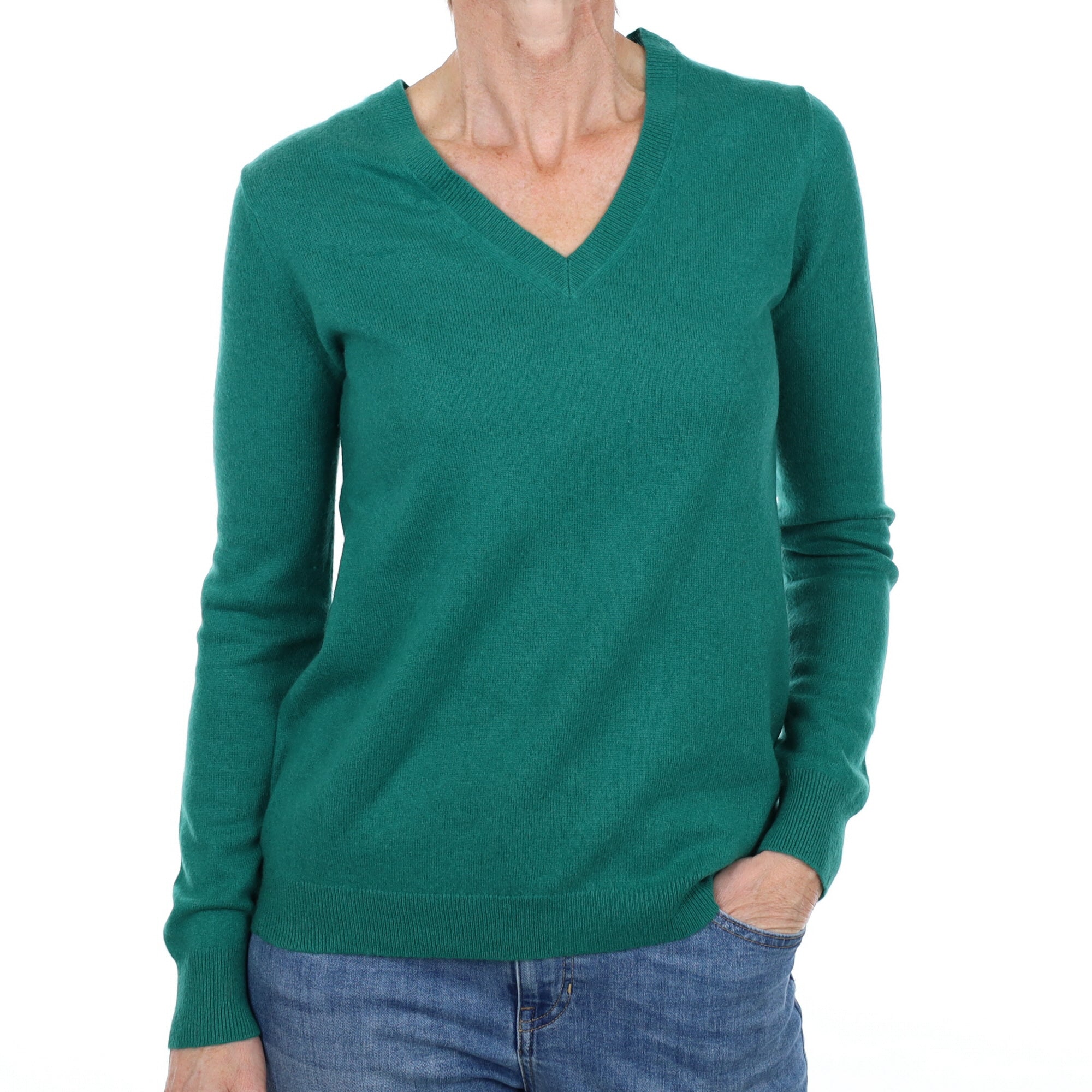 Emerald Green Cashmere V Neck Jumper Small