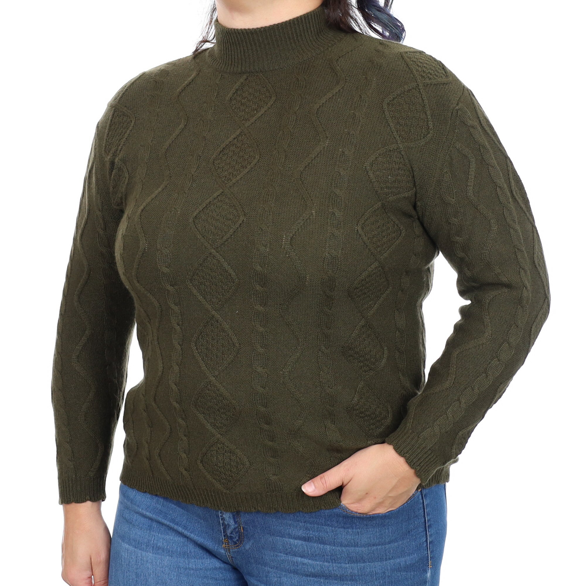 Deep Khaki Green Cashmere Turtle Neck Cable Knit Jumper Large