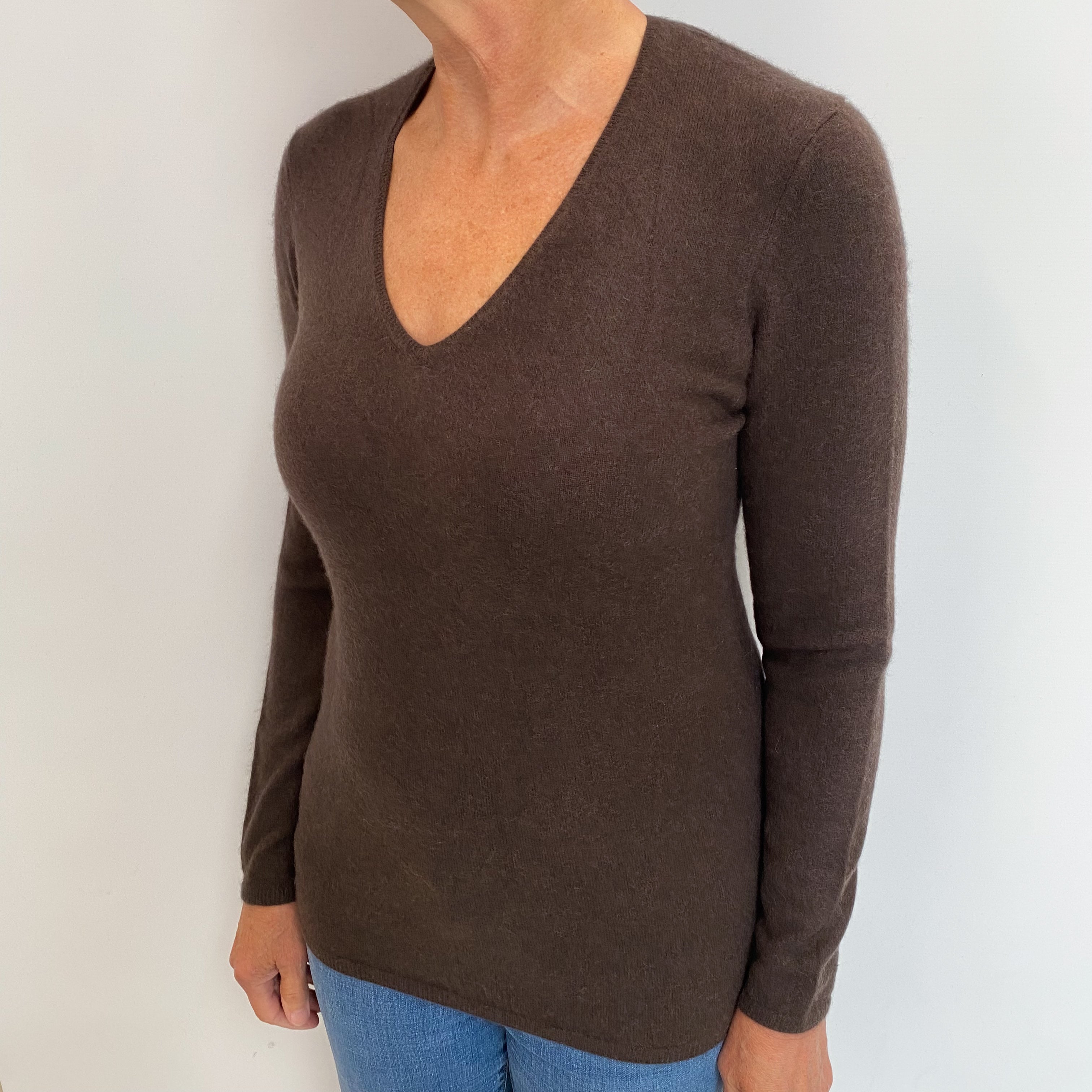 Dark Chocolate Brown Cashmere V Neck Jumper Medium