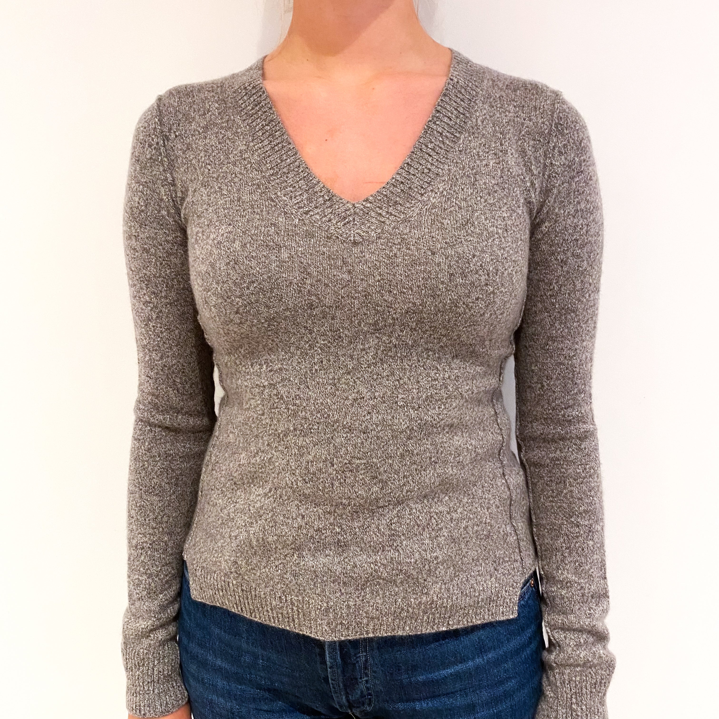 Mocha Brown Marl Cashmere V-Neck Jumper Small