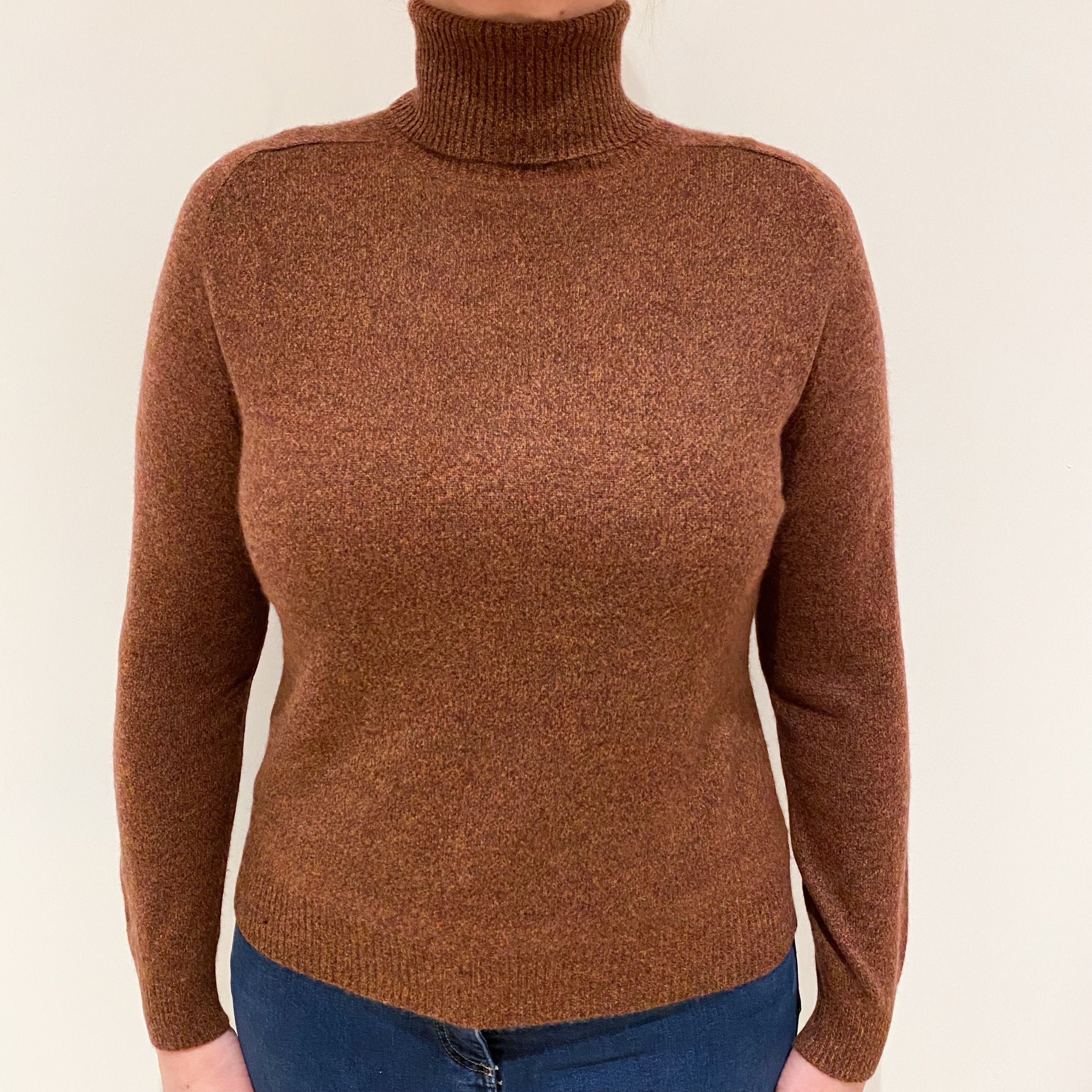 Brown Marl Fleck Cashmere Polo Neck Jumper Large