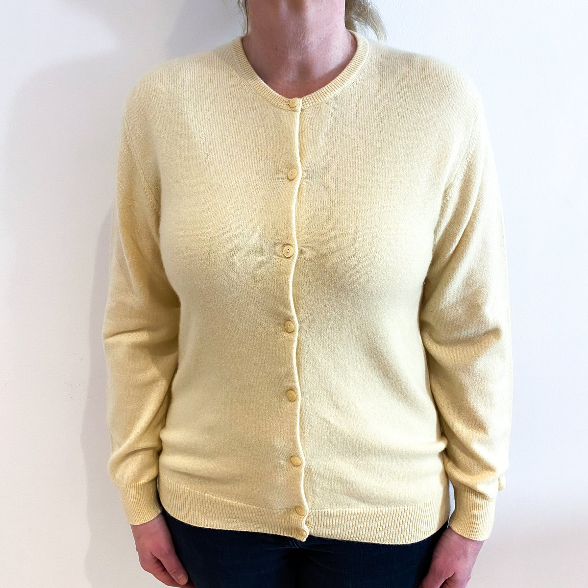 Pale Lemon Cashmere Crew Neck Cardigan Large