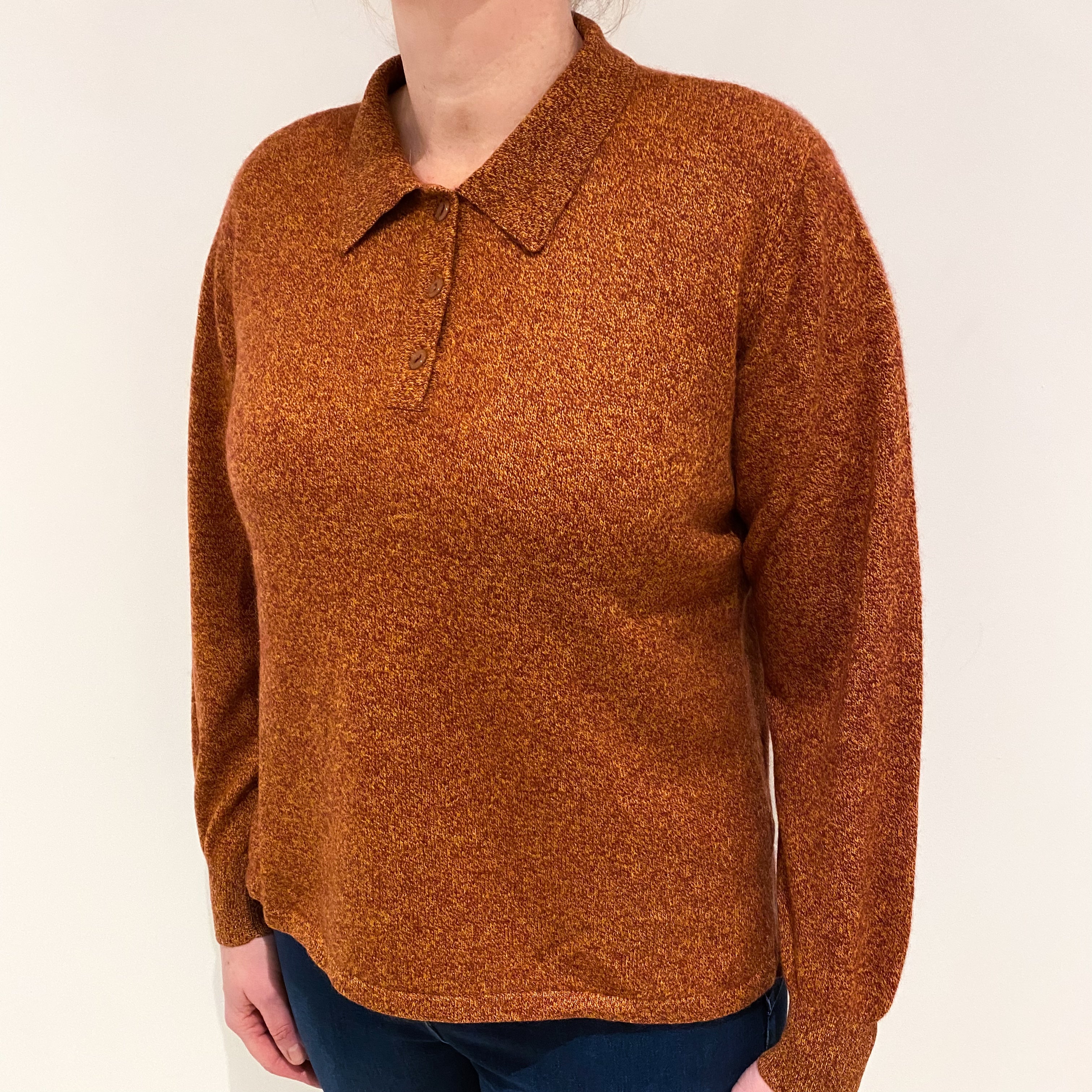 Rust Marl Cashmere Collared Crew Neck Jumper with Slit Sides Large