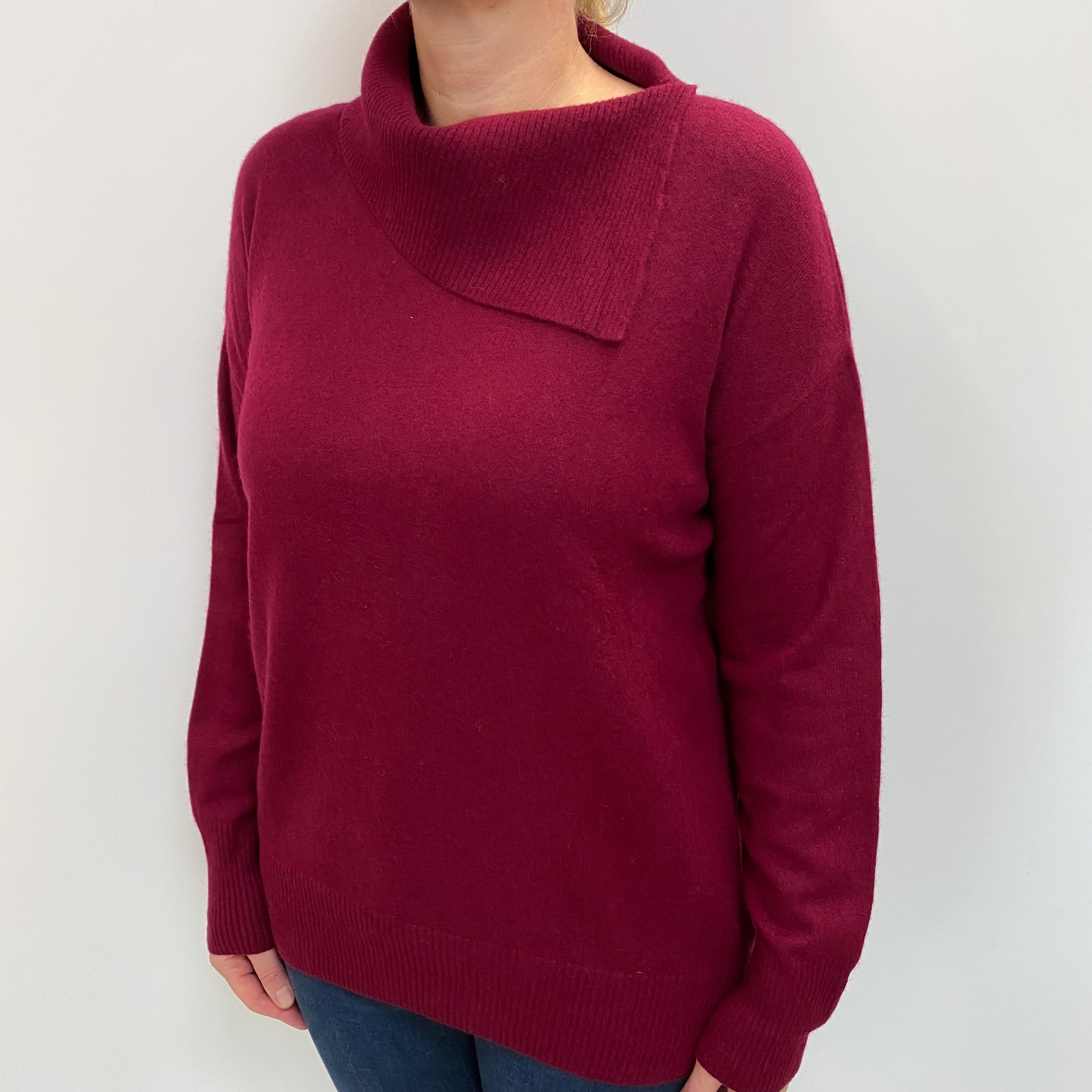Burgundy Red Cashmere Split Polo Neck Jumper Large