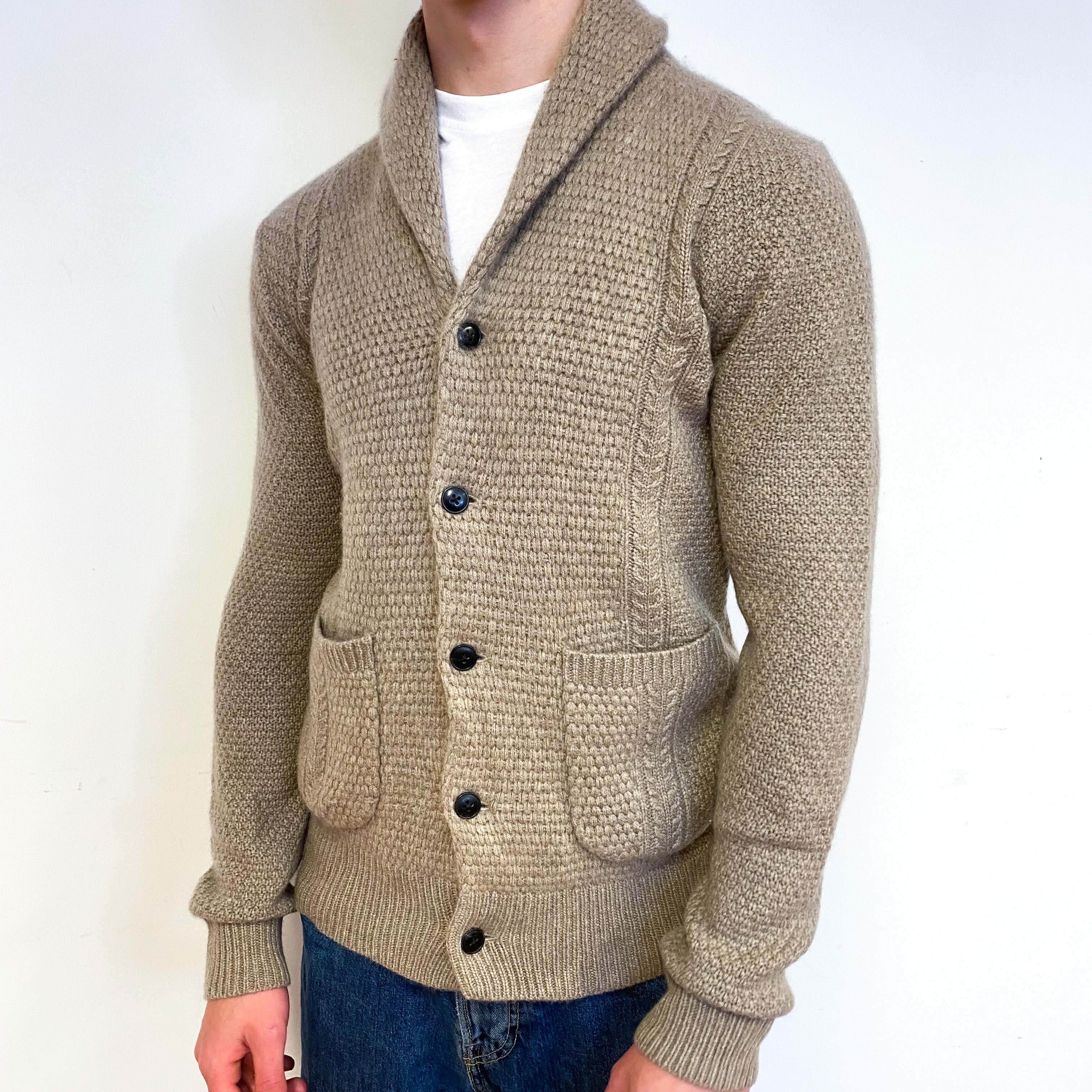 Men's Taupe Brown Chunky Cashmere Shawl Collar Cardigan Extra Small