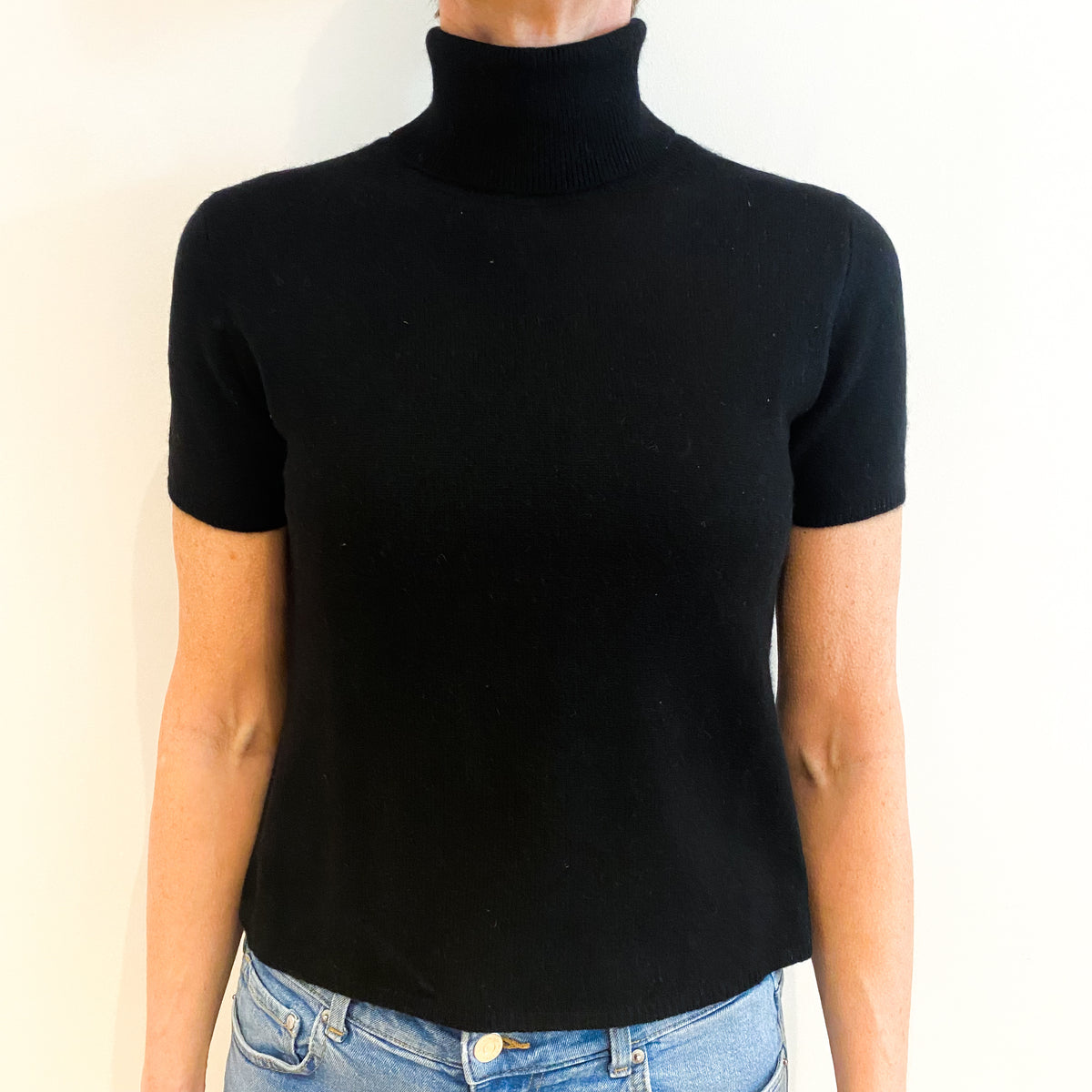 Black Cashmere Polo Neck Short Sleeved Jumper Small