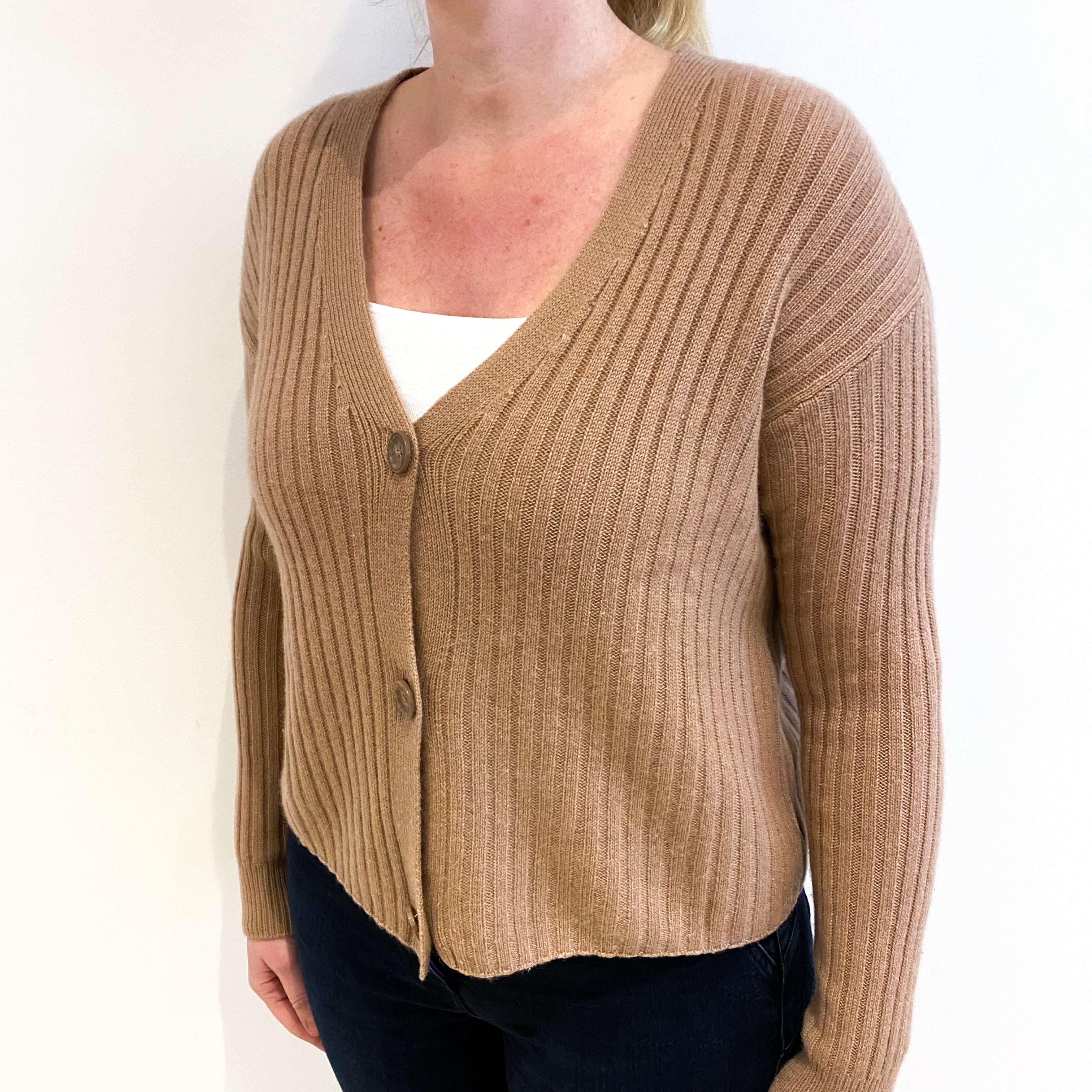 Blush Brown Ribbed Cashmere V Neck Cardigan Large