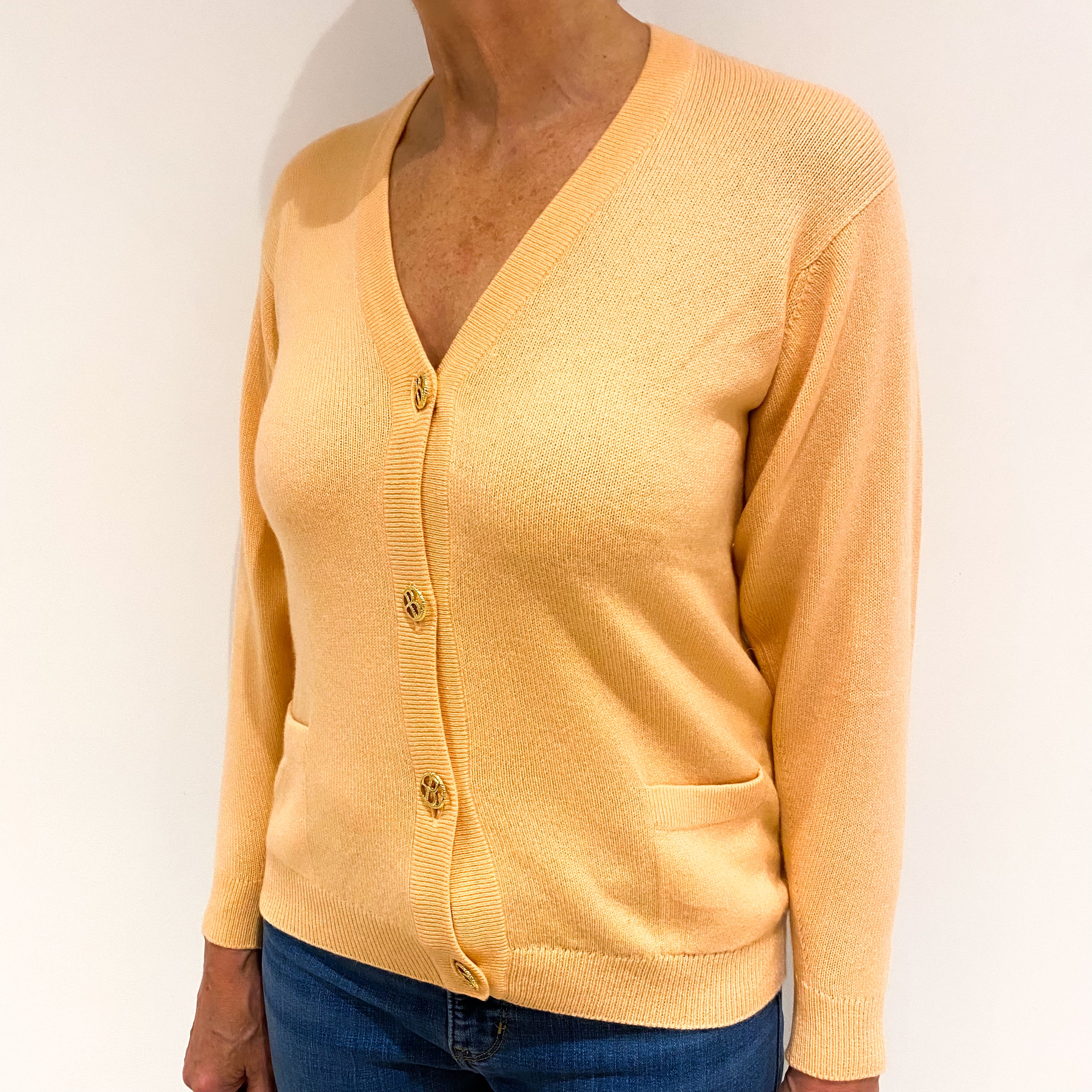 Peach Heavy Knit Cashmere V Neck Cardigan with Pockets Medium