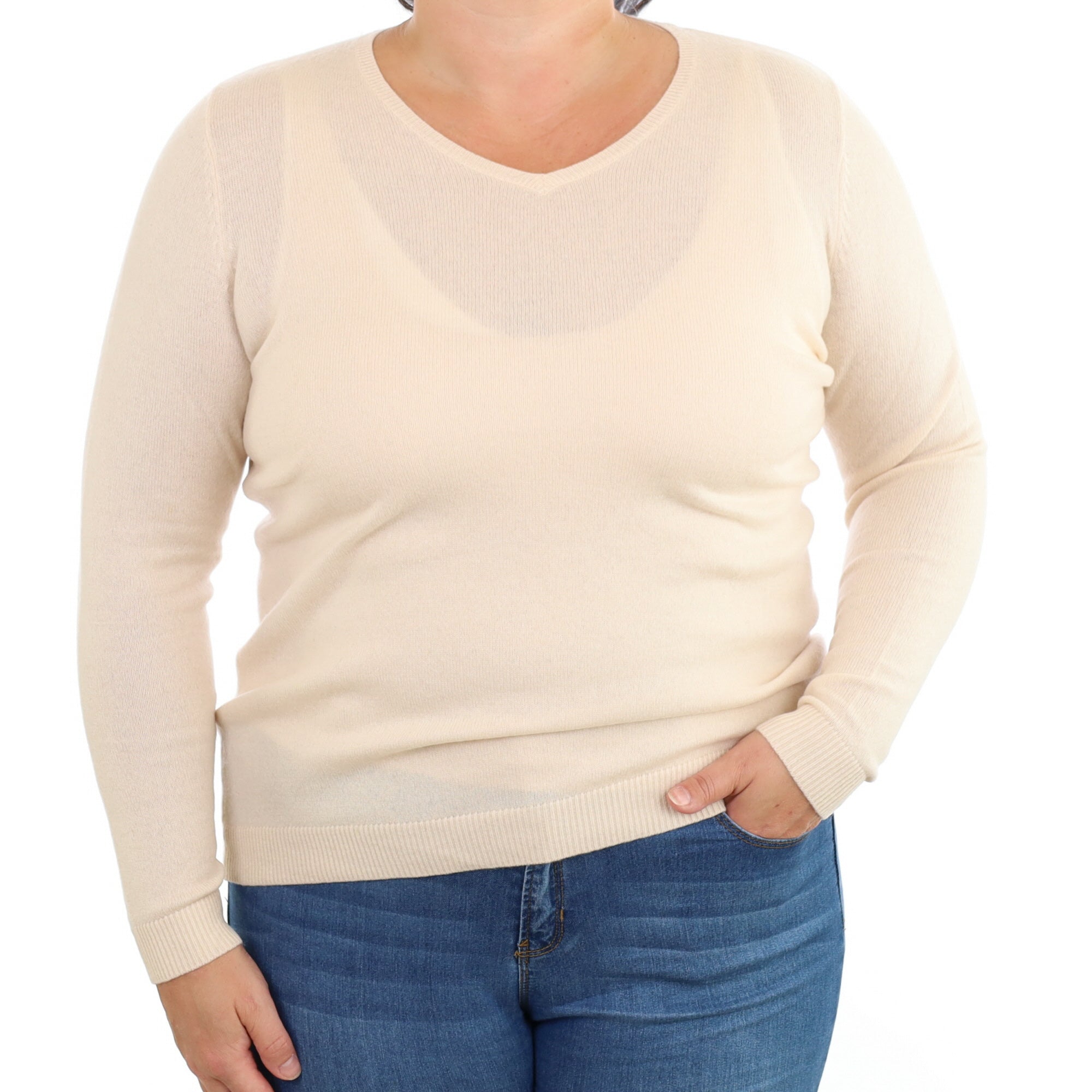 Light Beige Cashmere V Neck Jumper Large