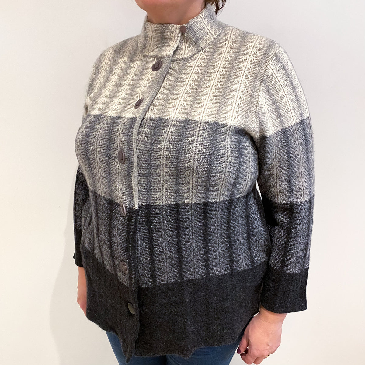 Grey Colour Block Cashmere Funnel Neck Cardigan Extra Large