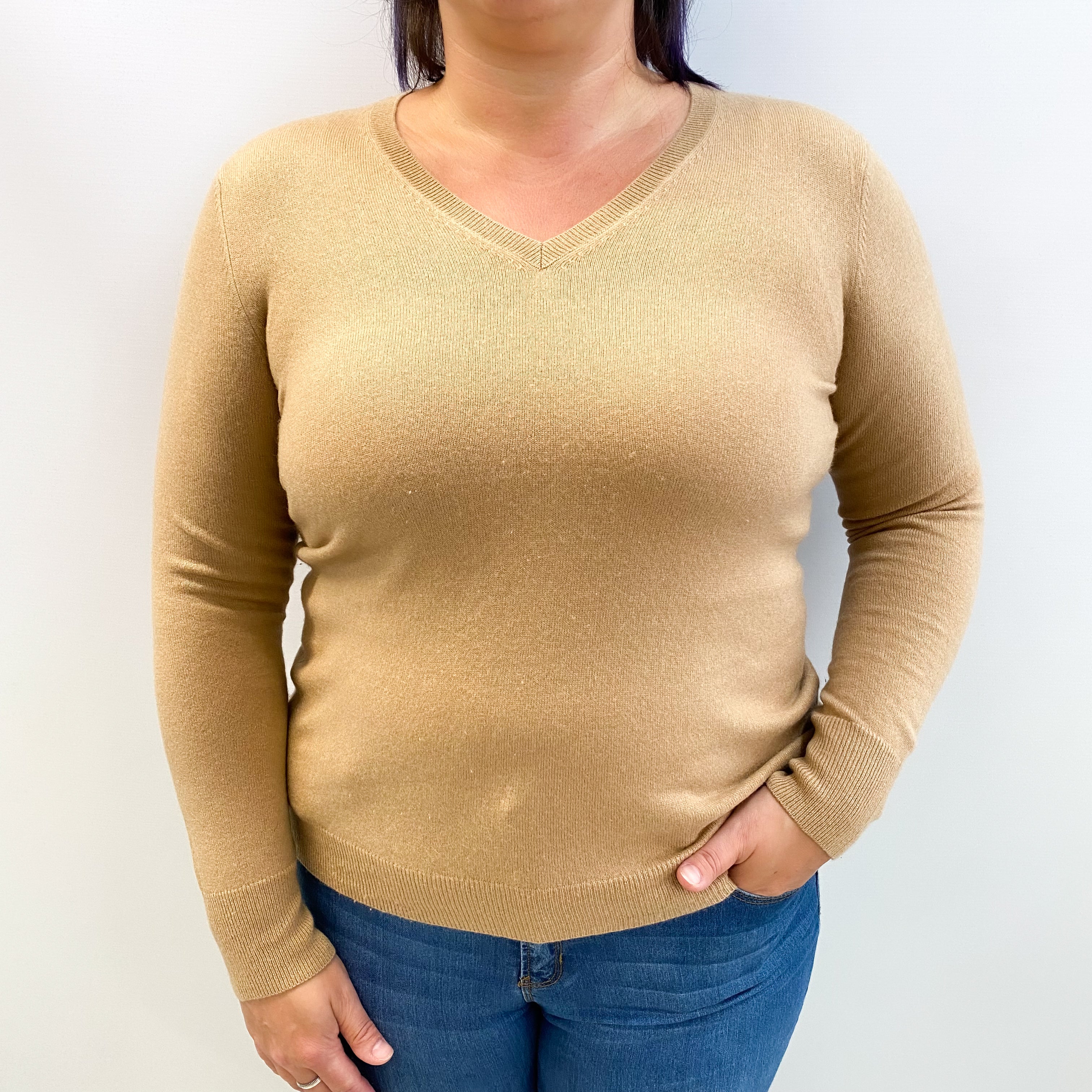 Camel Brown Cashmere V Neck Jumper Large