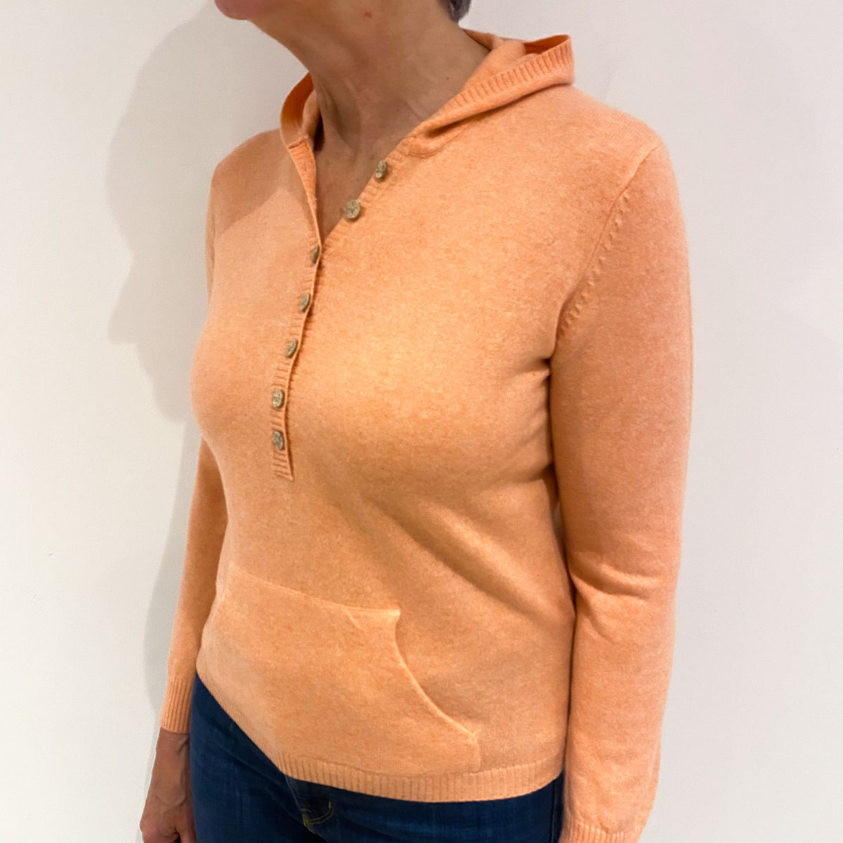 Coral Orange Cashmere Button Crew Neck Hoodie Medium