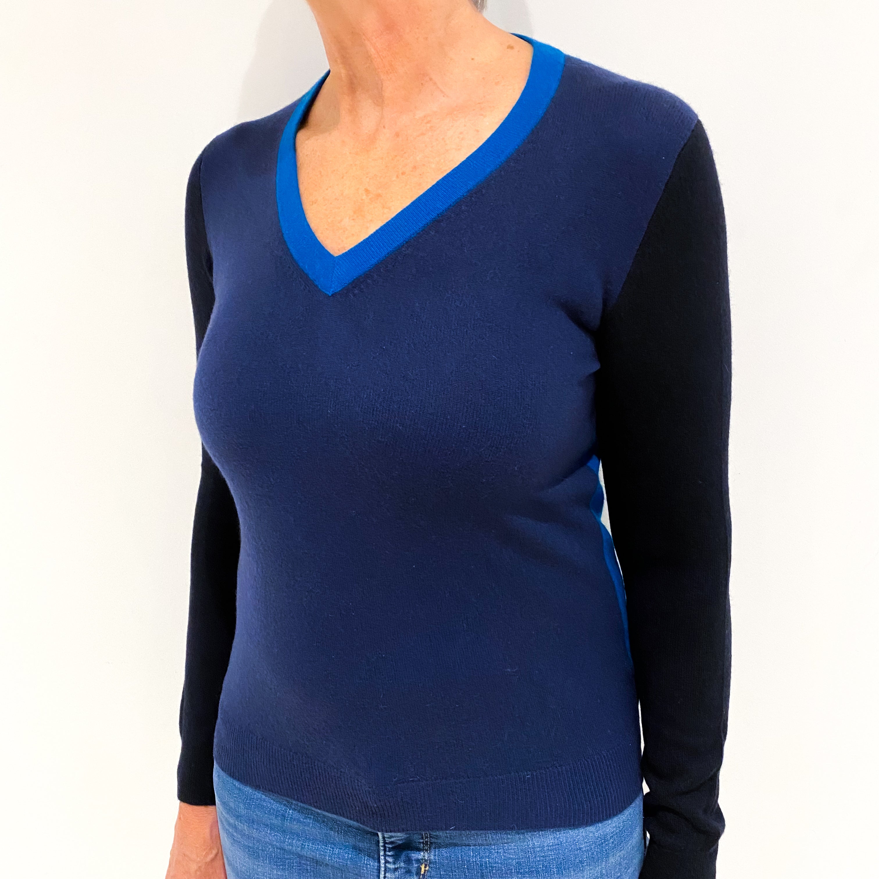 Navy Black and Teal Cashmere V Neck Jumper Medium