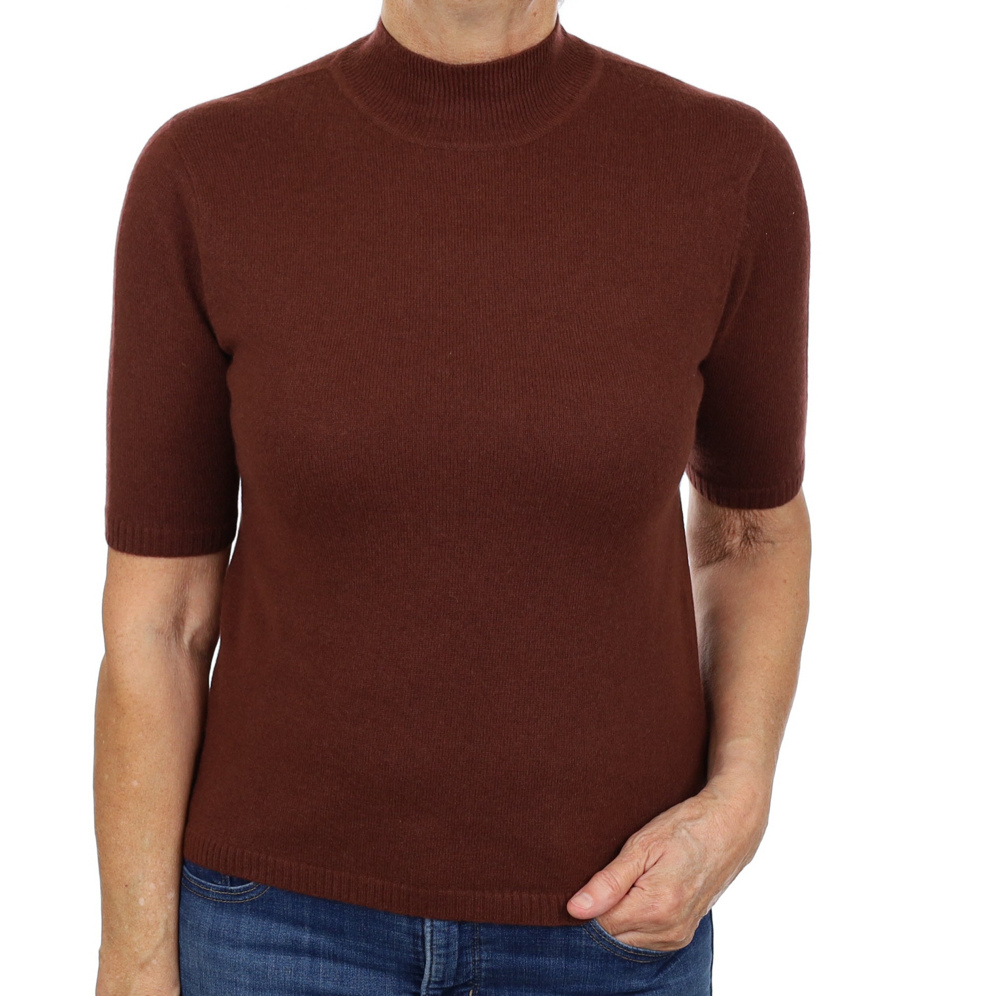 Chestnut Brown Cashmere Turtle Neck Short Sleeved Jumper Medium