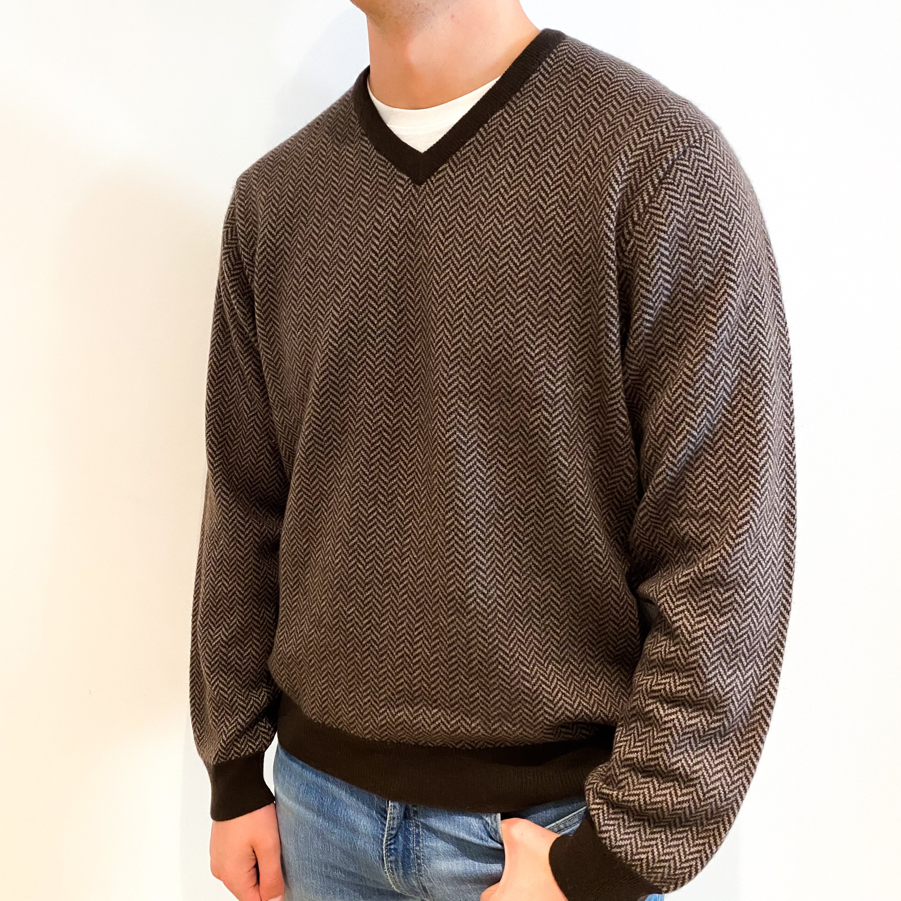 Men's Chocolate Brown and Grey Cashmere V Neck Jumper XL
