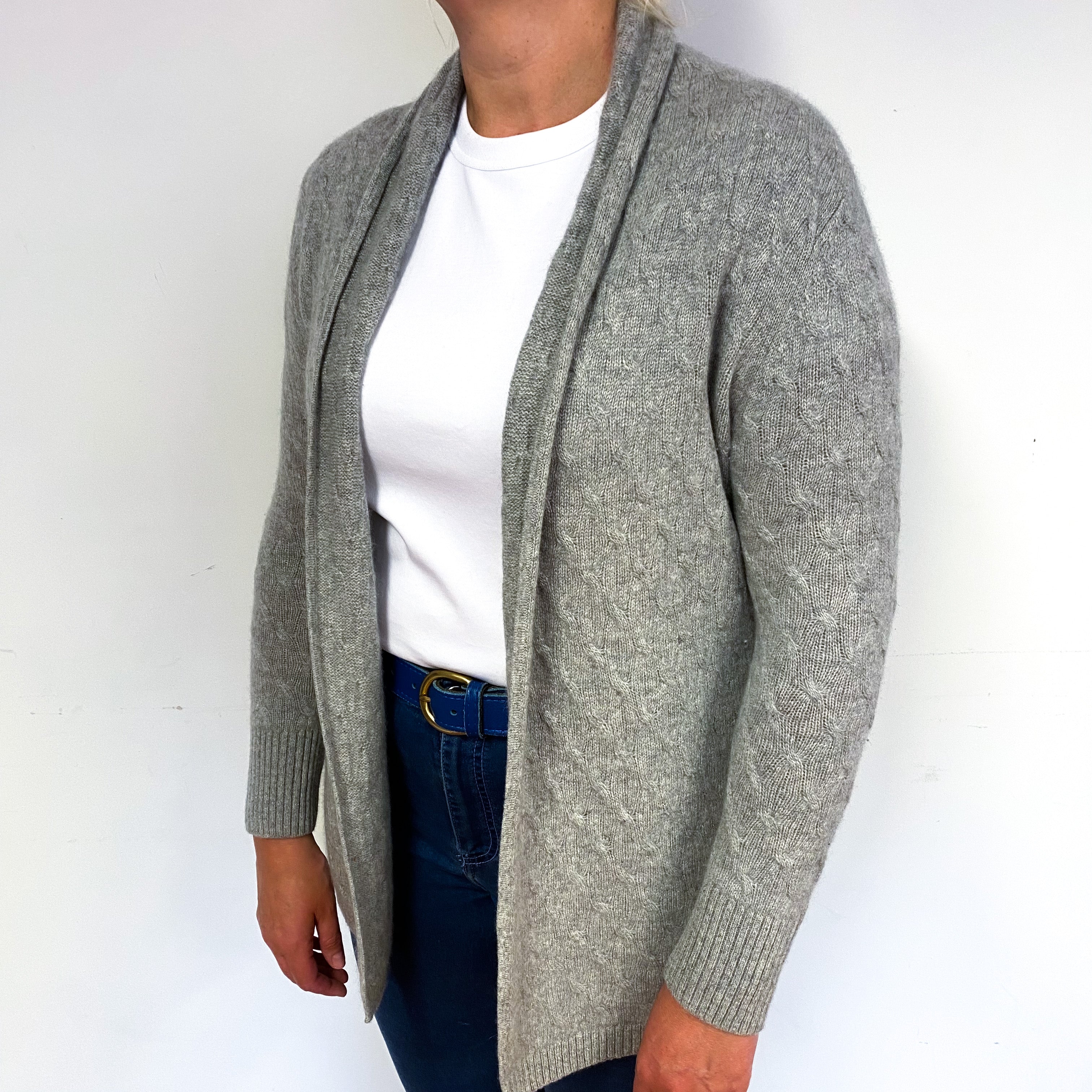Smoke Grey Cable Cashmere Edge to Edge Cardigan Large