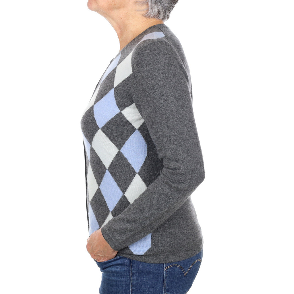 Ash Grey Argyle Cashmere Crew Neck Cardigan Medium