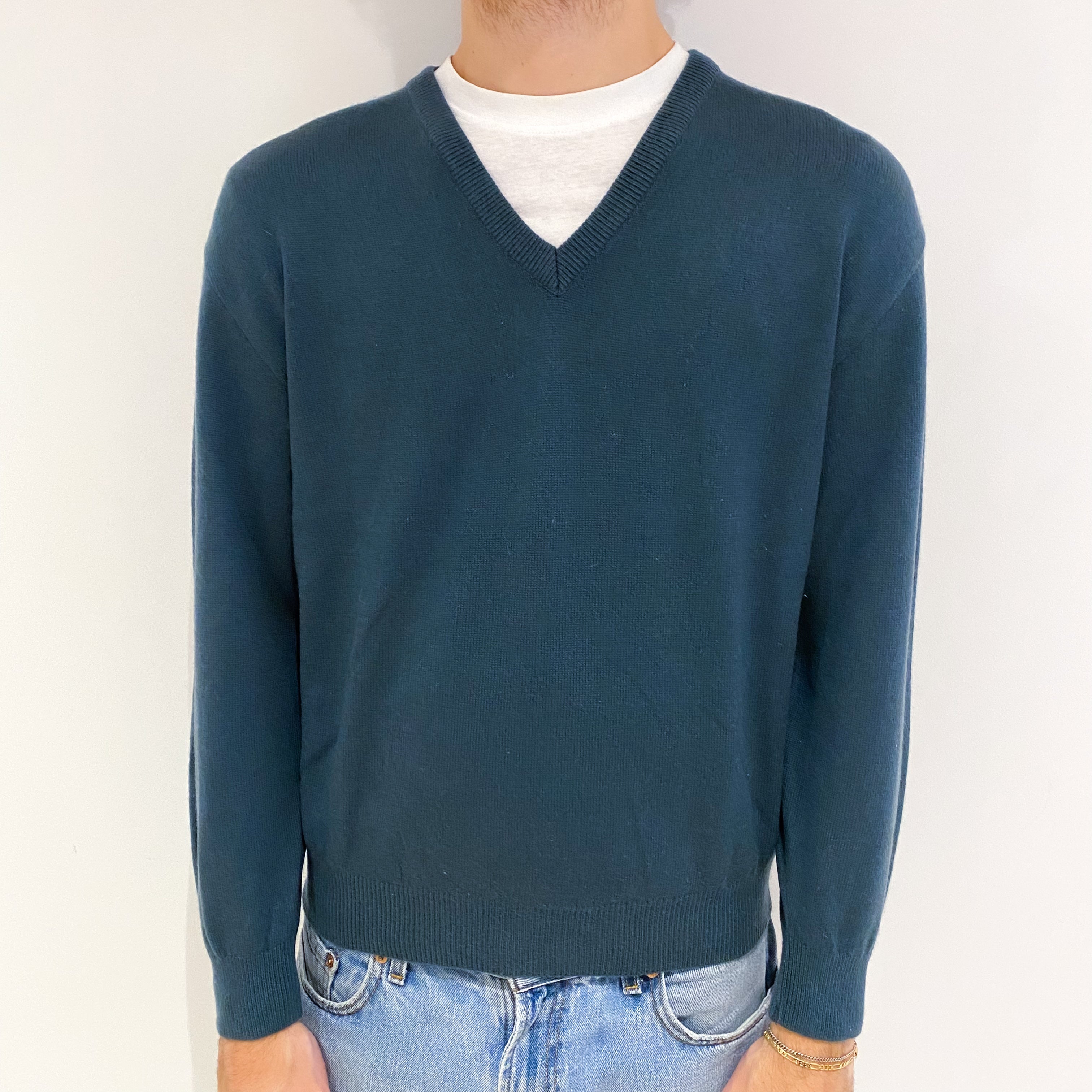 Men's Teal Green Cashmere V Neck Jumper Medium