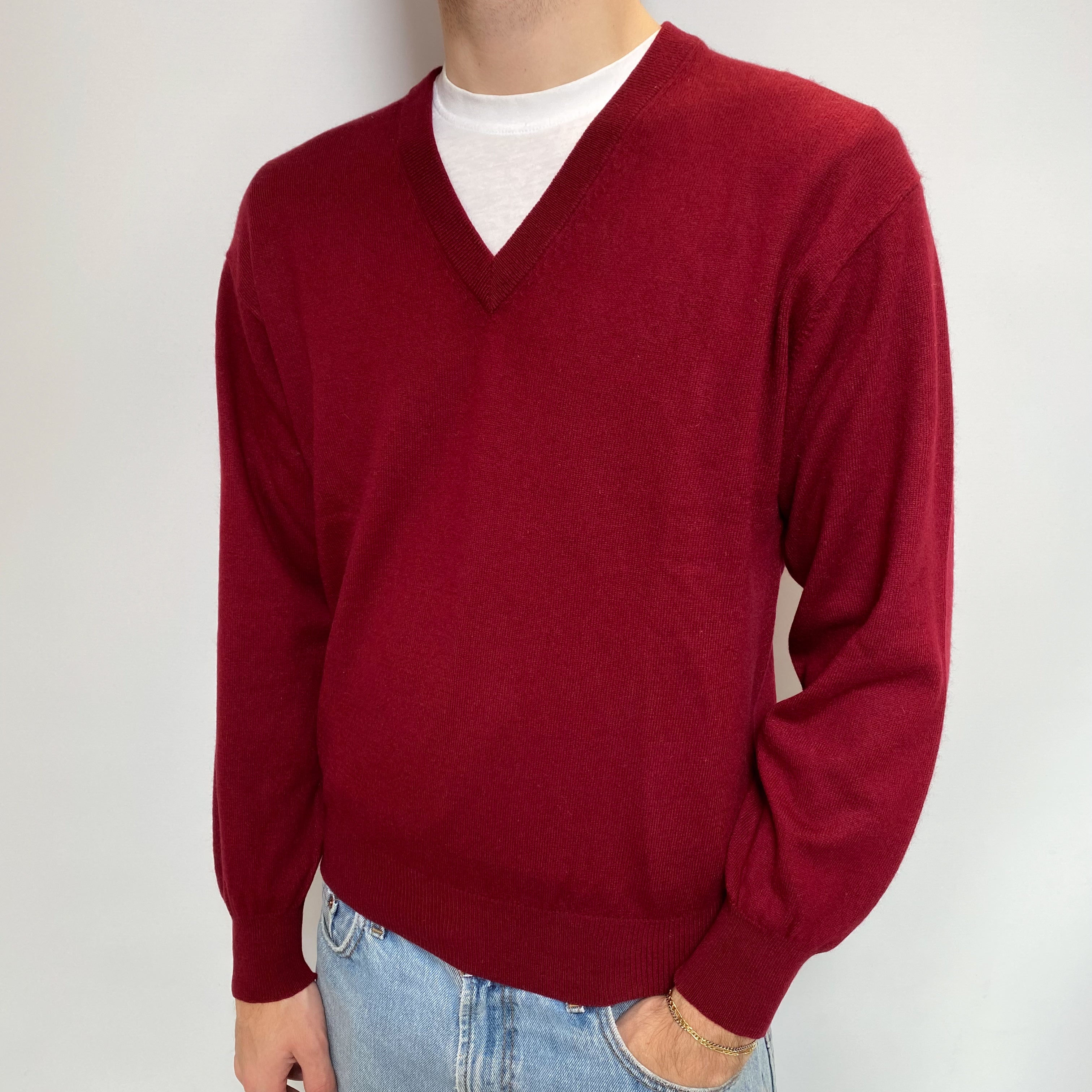 Men's Burgundy Red Cashmere V Neck Jumper Large