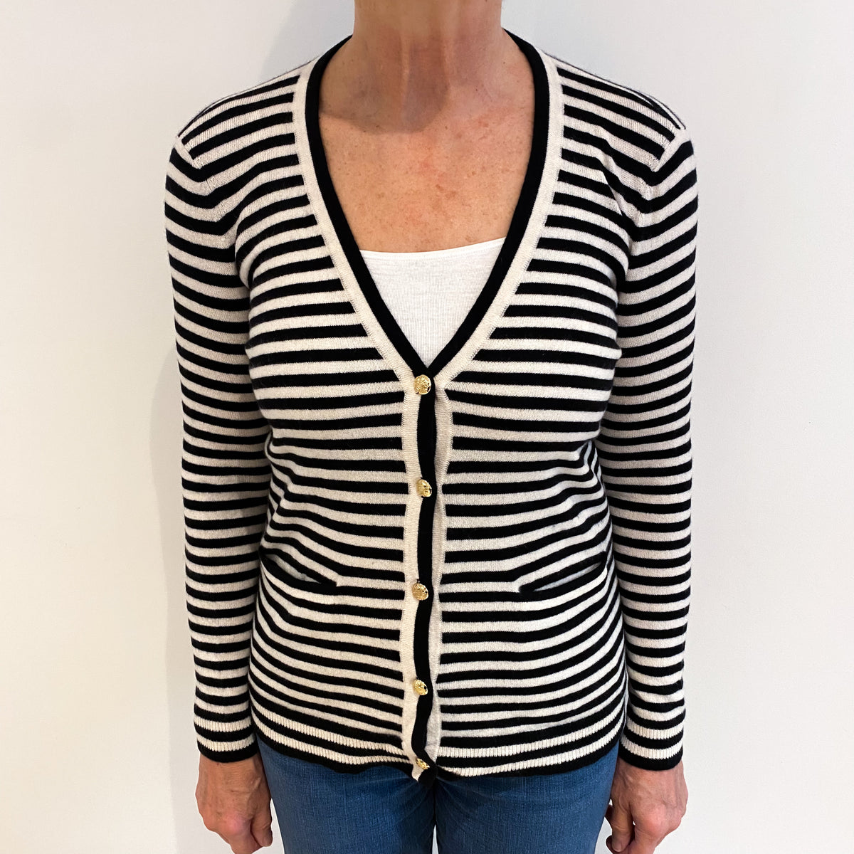 Ralph Lauren Black Cream Stripe Cashmere V Neck Cardigan Medium