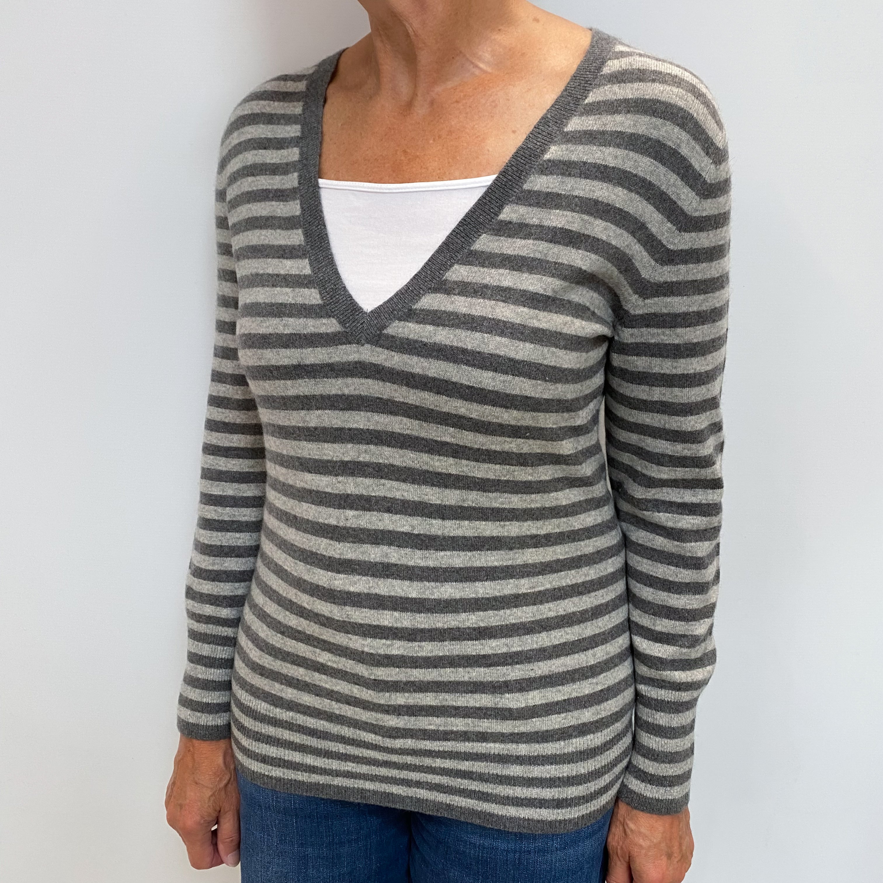 Grey Striped Cashmere V Neck Jumper Medium
