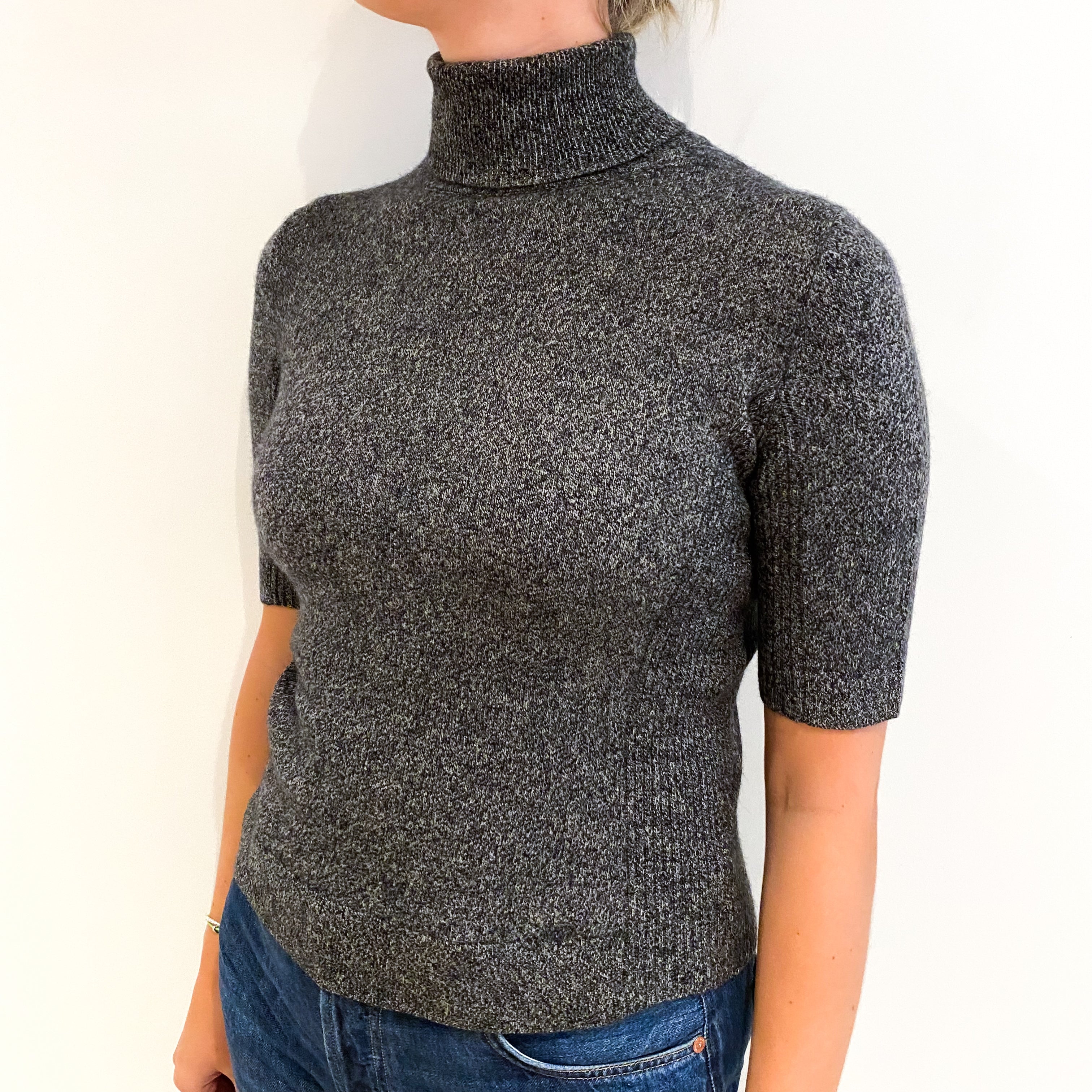 Charcoal Grey Marl Cashmere Short Sleeved Polo Neck Jumper Small
