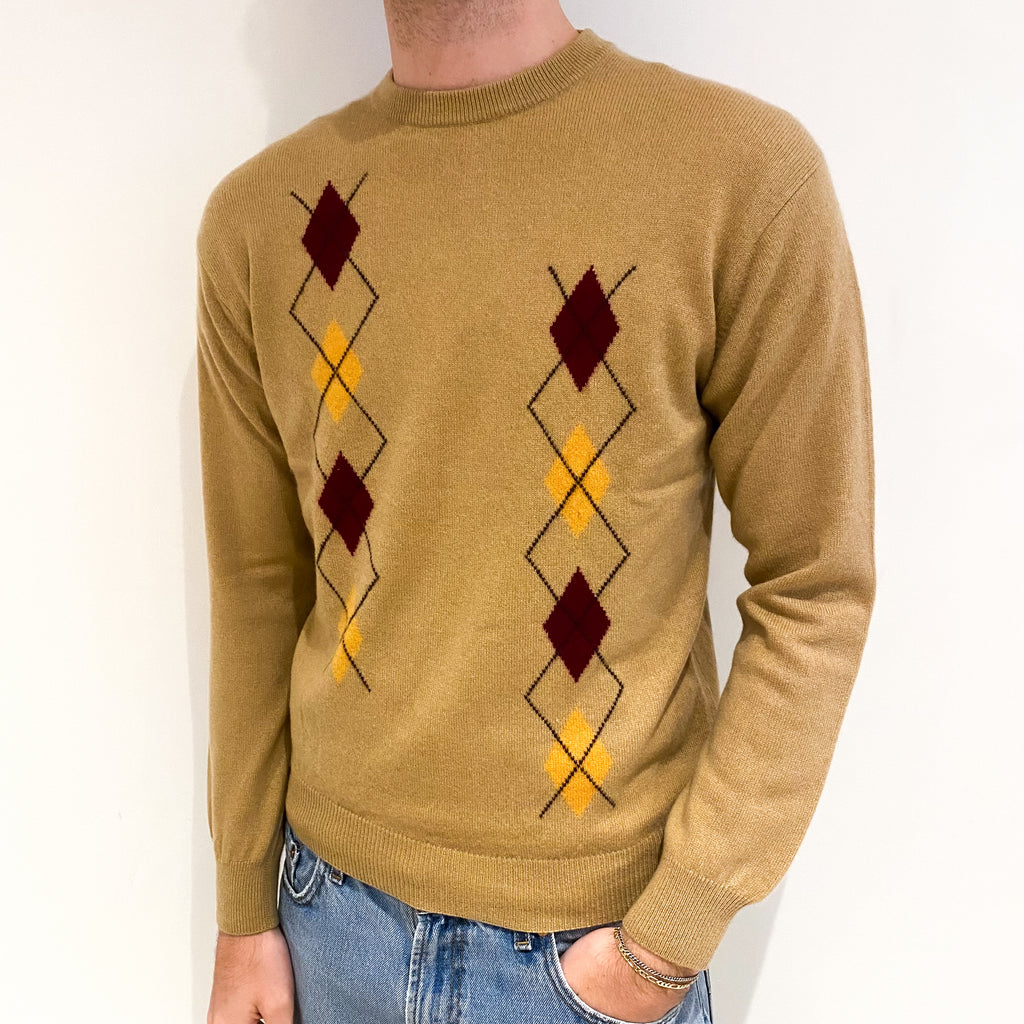 Men's Camel Burgundy Diamond Cashmere Crew Neck Jumper Medium