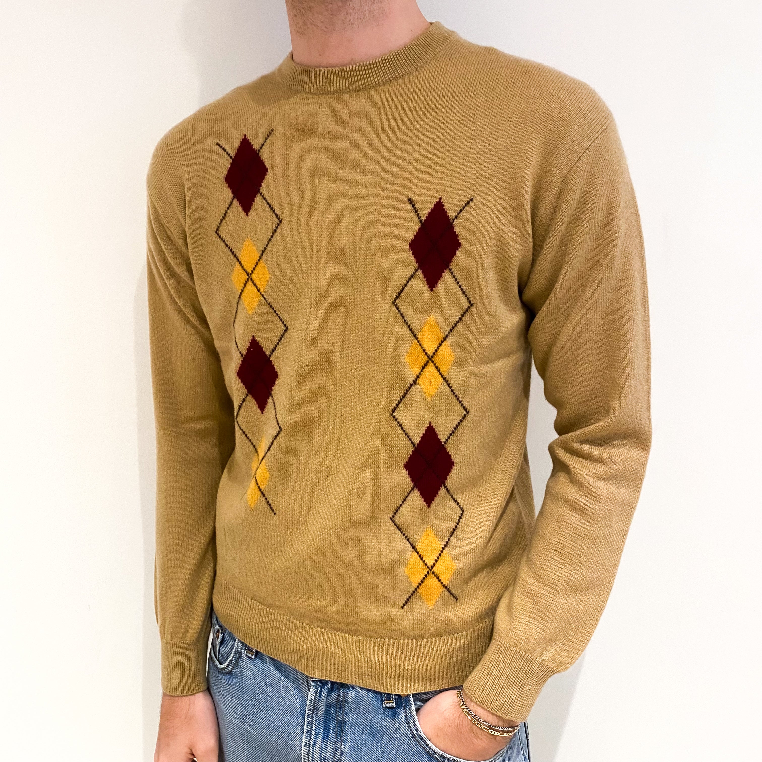 Men's Camel Burgundy Diamond Cashmere Crew Neck Jumper Medium
