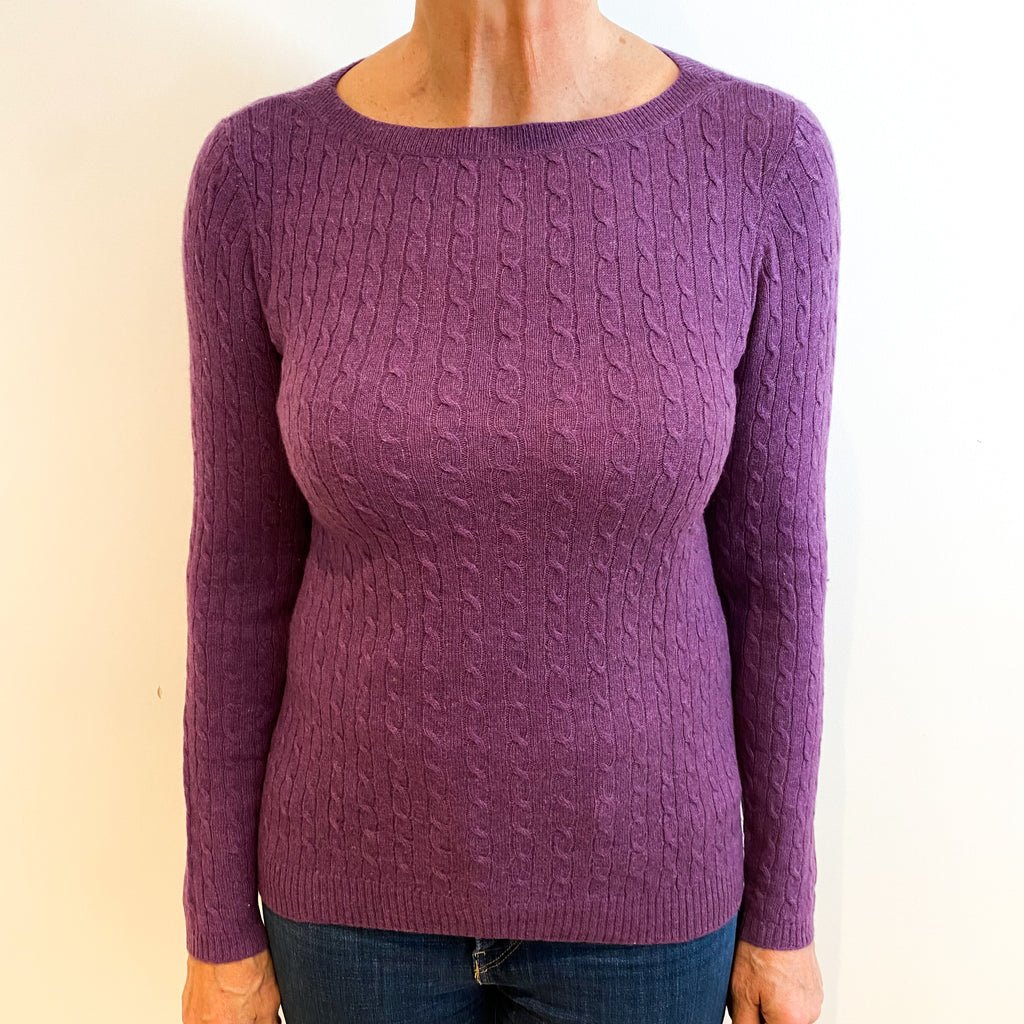 Plum Purple Cashmere Crew Neck Cable Knit Jumper Medium