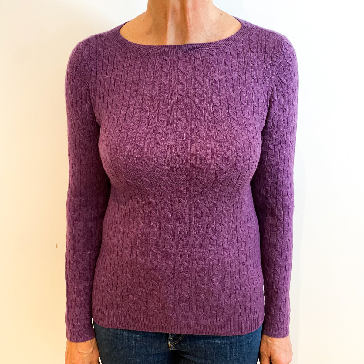 Plum Purple Cashmere Crew Neck Cable Knit Jumper Medium