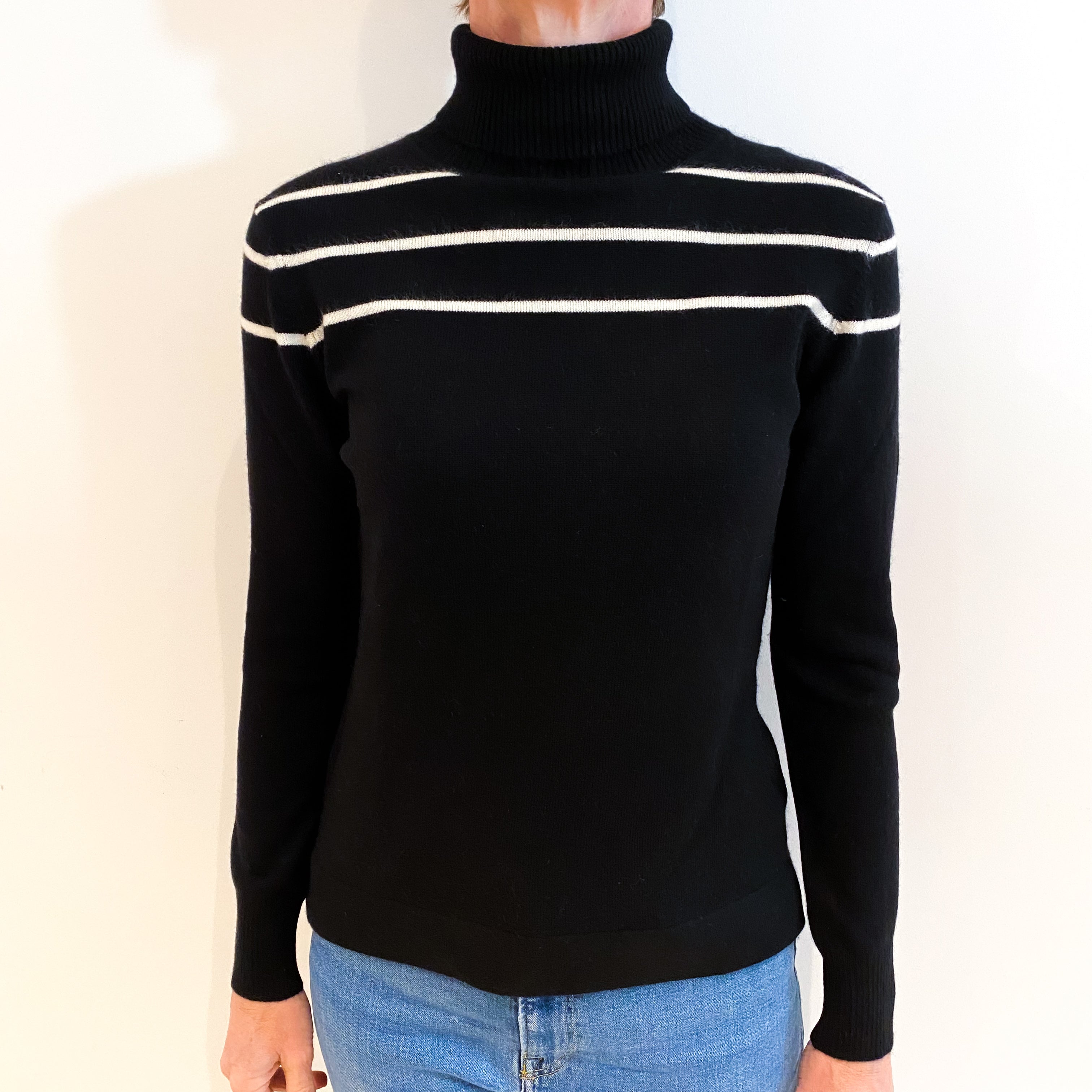 Black White Stripe Cashmere Polo Neck Jumper Small