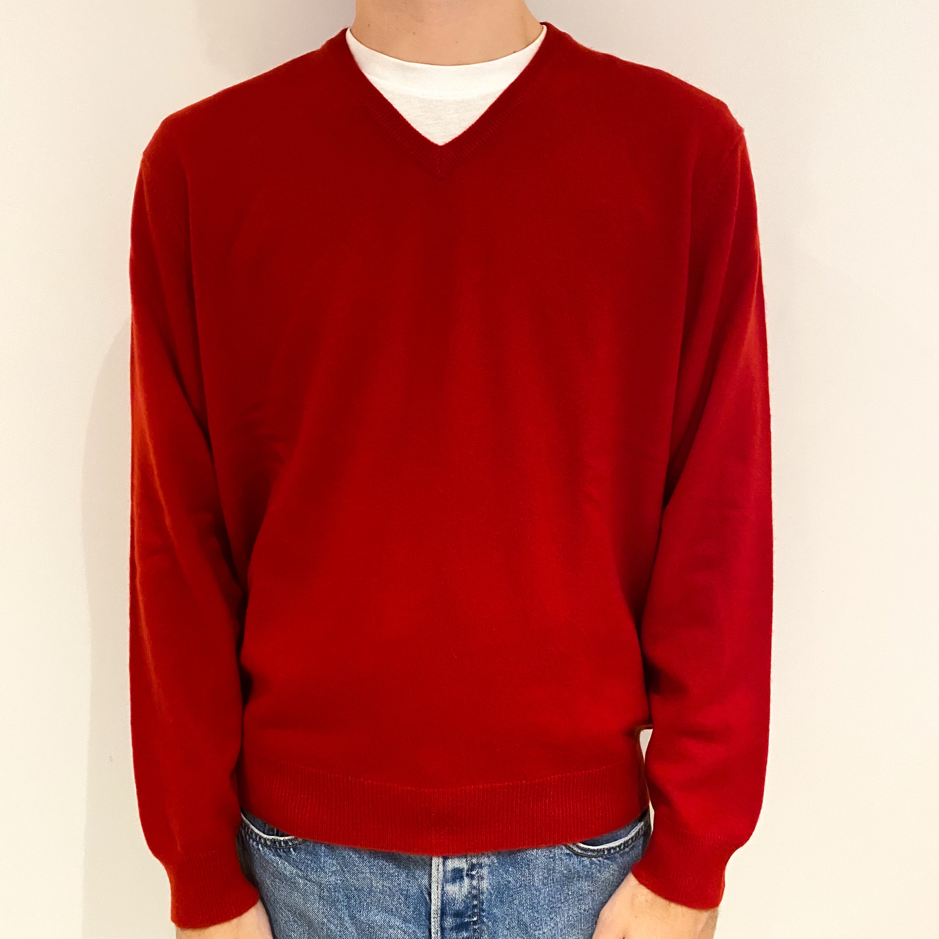 Men's Scarlet Red Cashmere V Neck Jumper Large