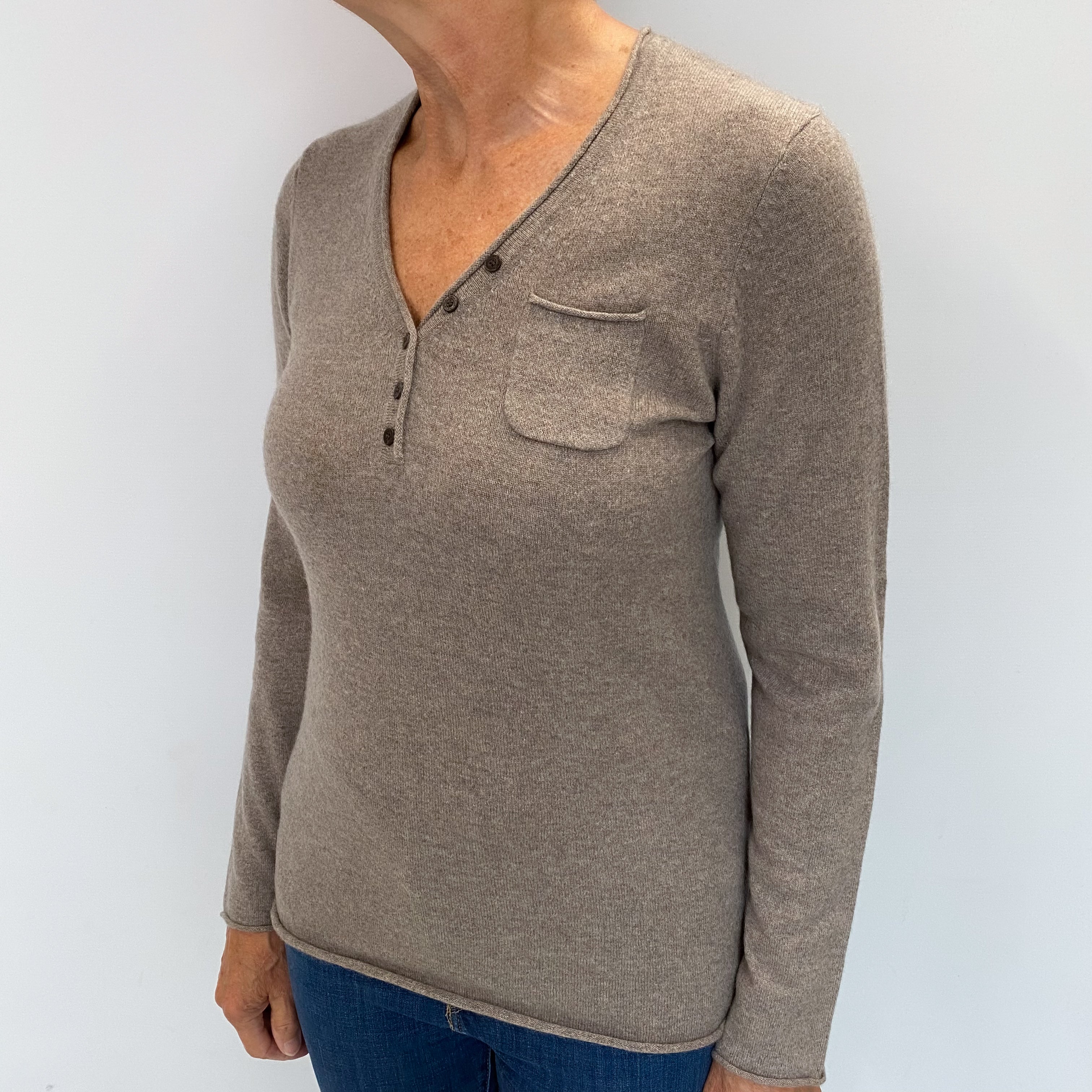 Mocha Brown Cashmere Button Up V Neck Jumper Medium