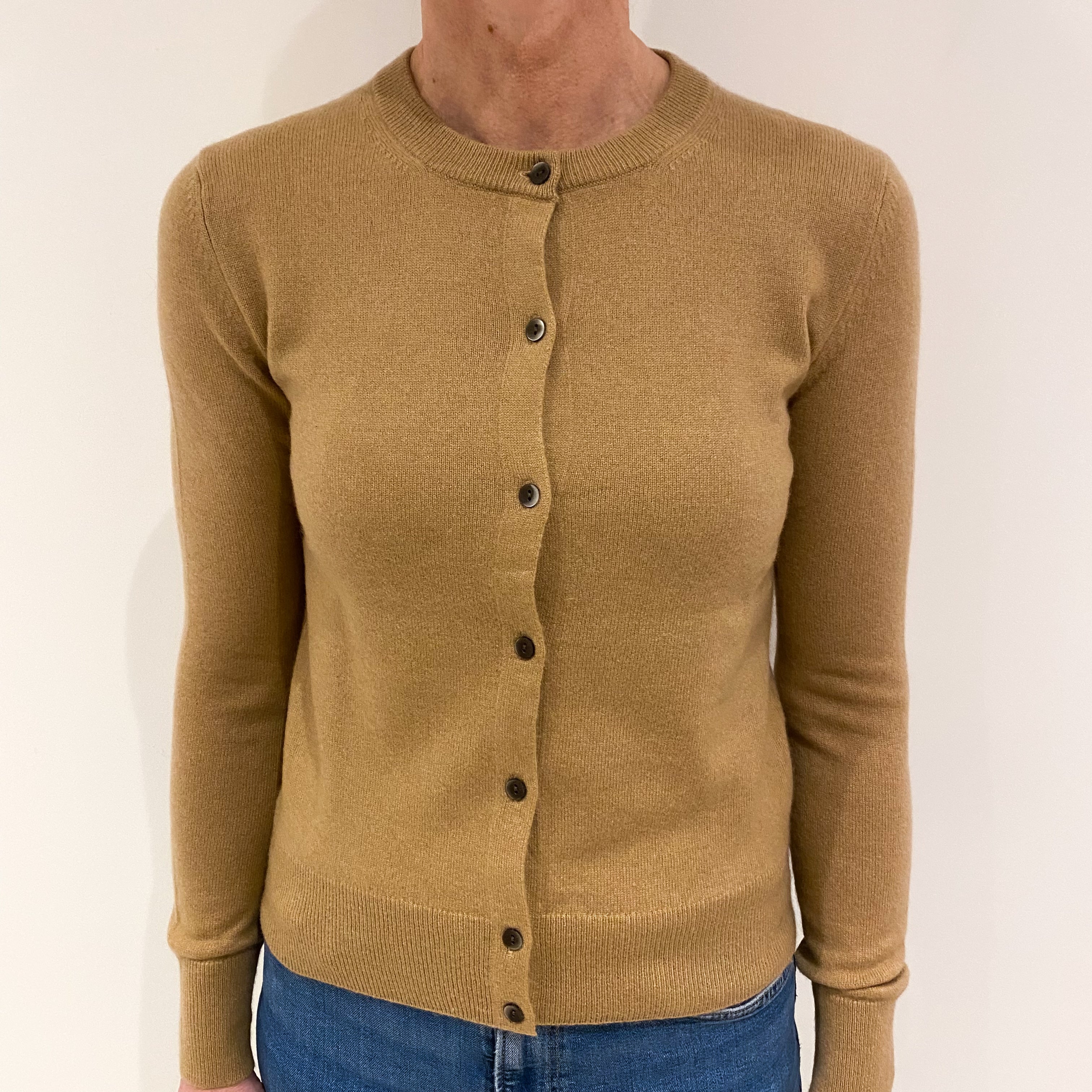 Camel Brown Cashmere Crew Neck Cardigan Small