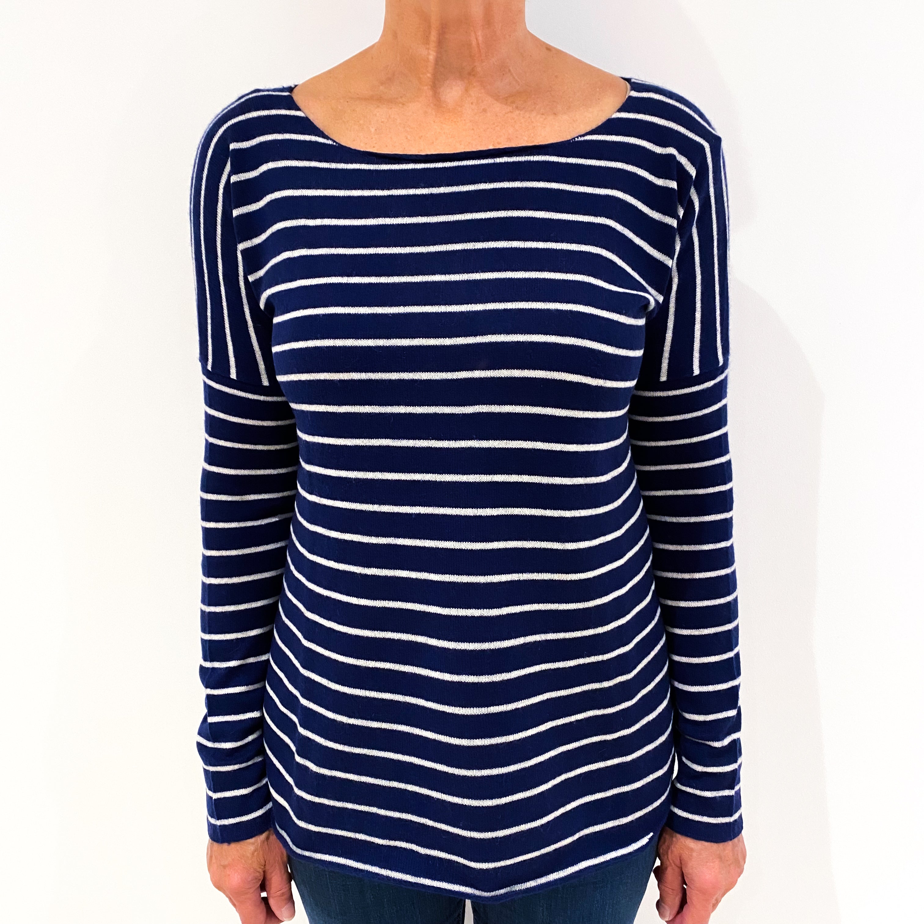 Naval Blue and Cream Striped Cashmere Crew Neck Jumper Medium