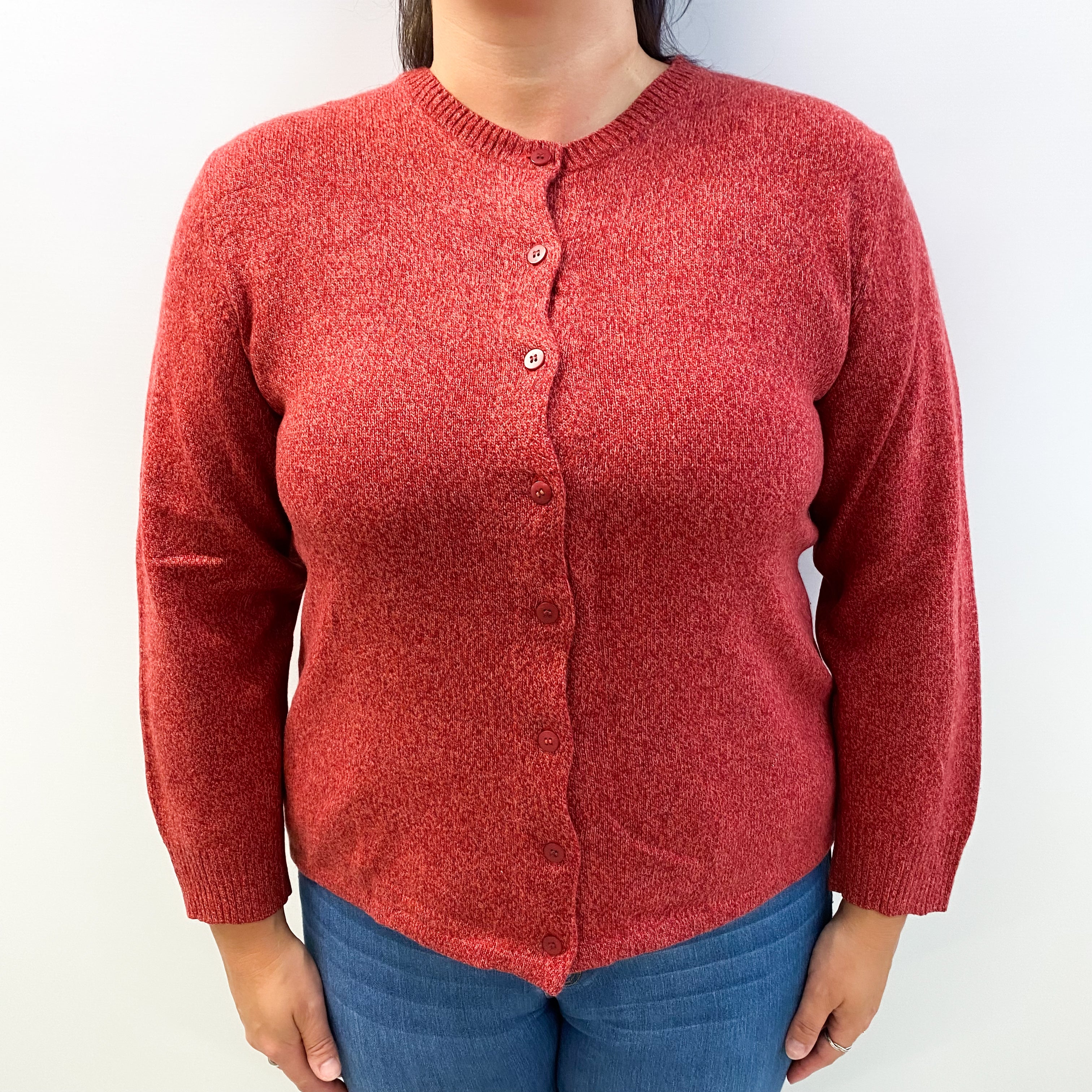 Raspberry Red Marl Cashmere Crew Neck Cardigan Large