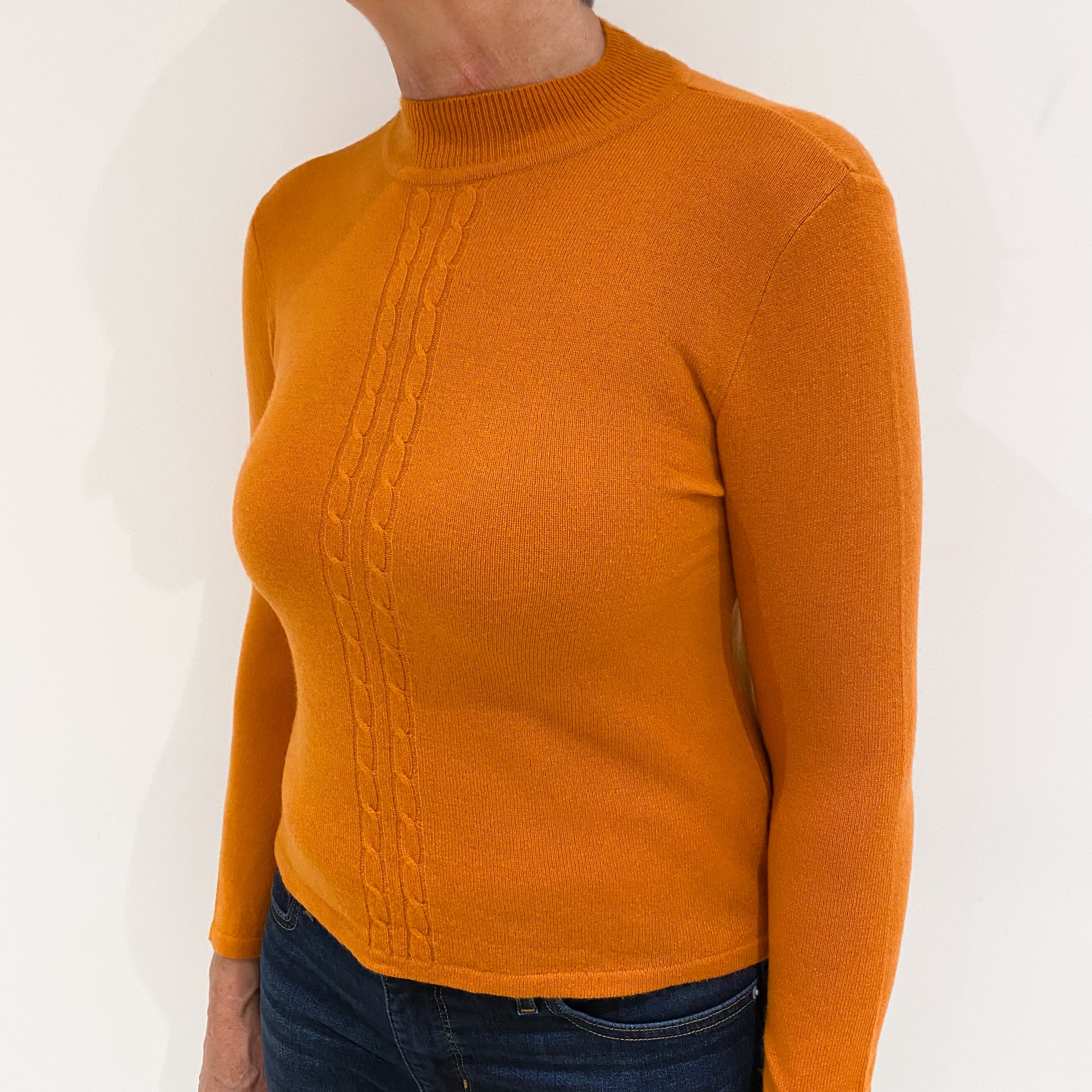 Pumpkin Orange Cable Detail Cashmere Turtle Neck Jumper Medium