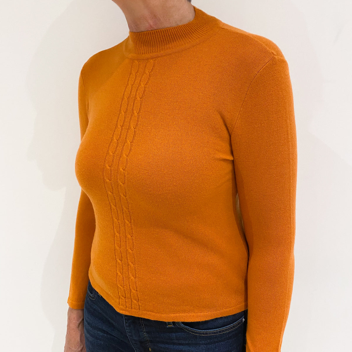 Pumpkin Orange Cable Detail Cashmere Turtle Neck Jumper Medium