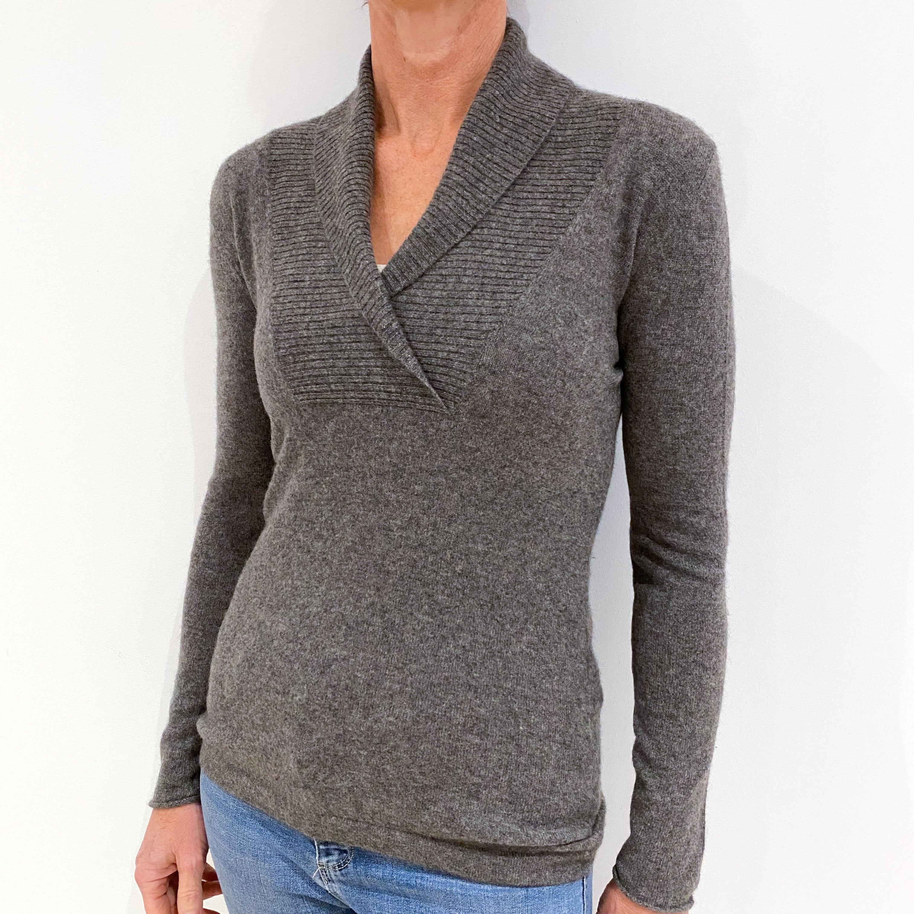Slate Grey Cashmere Shawl Collar Jumper Small