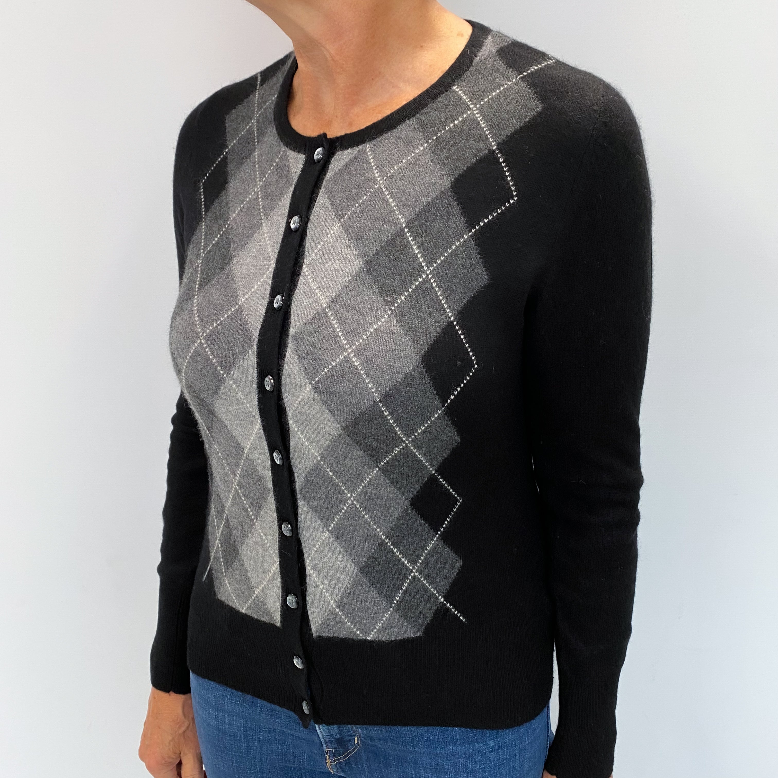 Black Argyle Cashmere Crew Neck Cardigan Medium