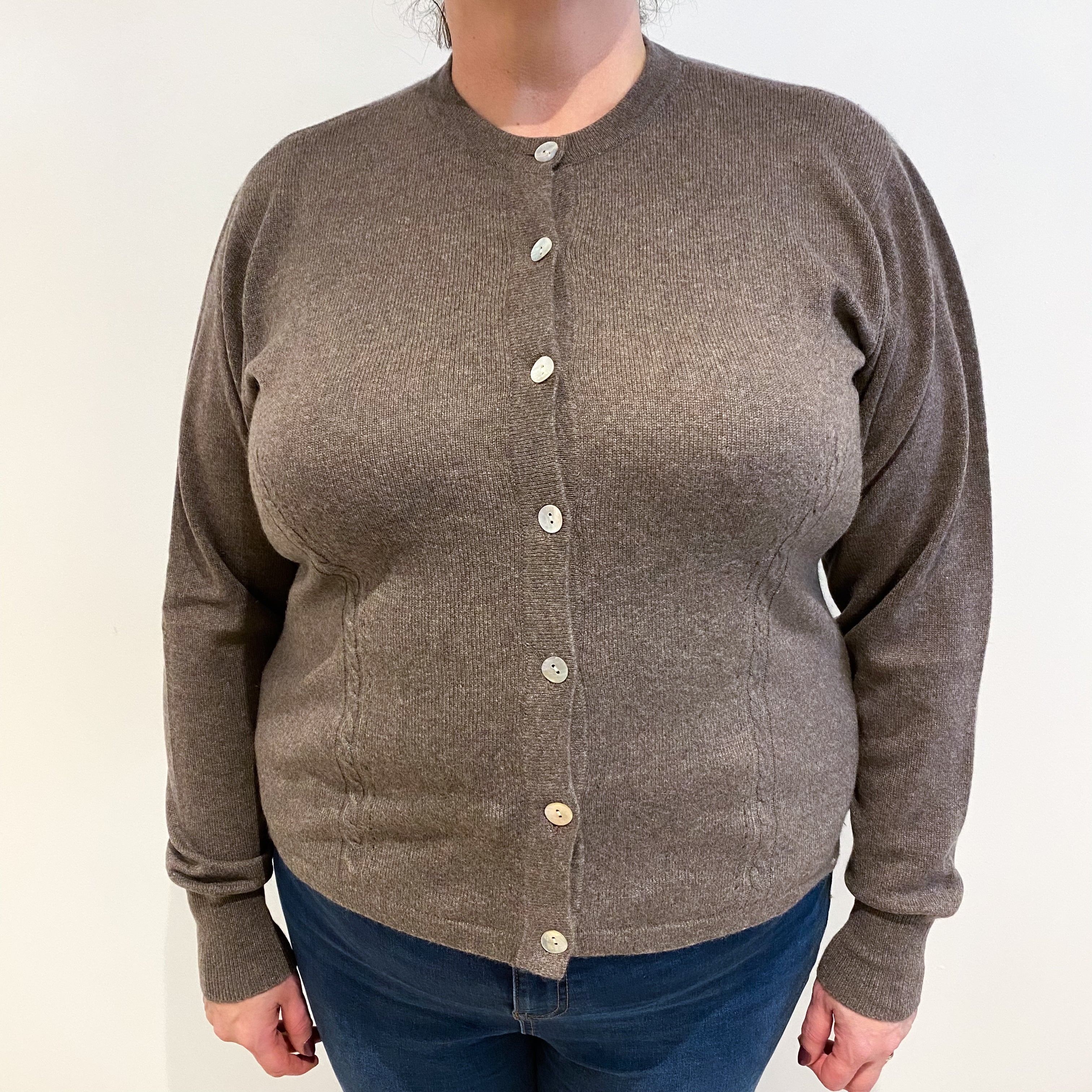 Muted Brown Cashmere Crew Neck Cardigan Extra Large