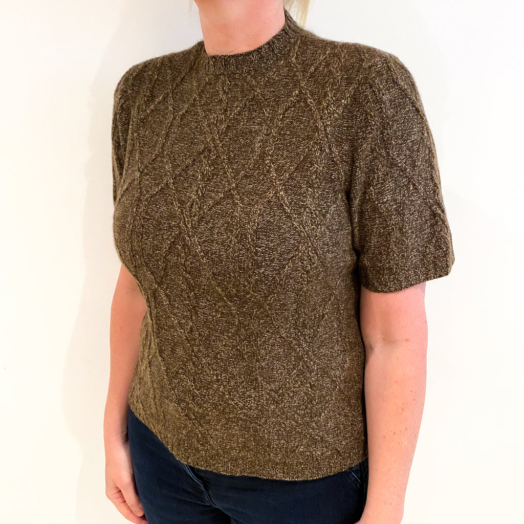 Brown Marl Cashmere Crew Neck Short Sleeved Jumper Large
