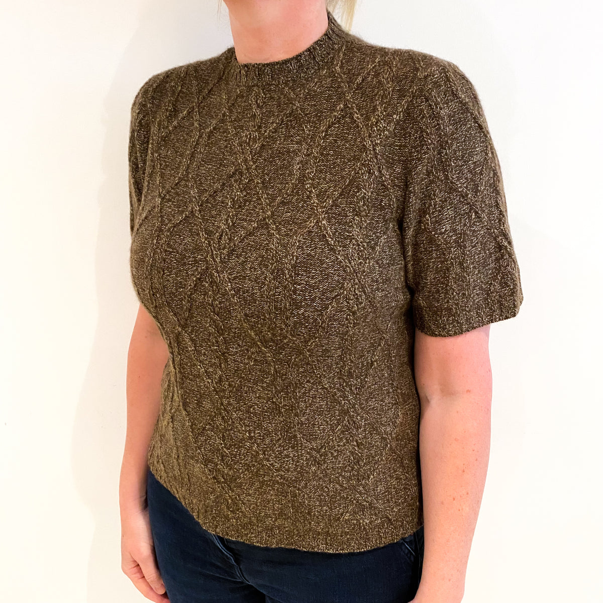 Brown Marl Cashmere Crew Neck Short Sleeved Jumper Large